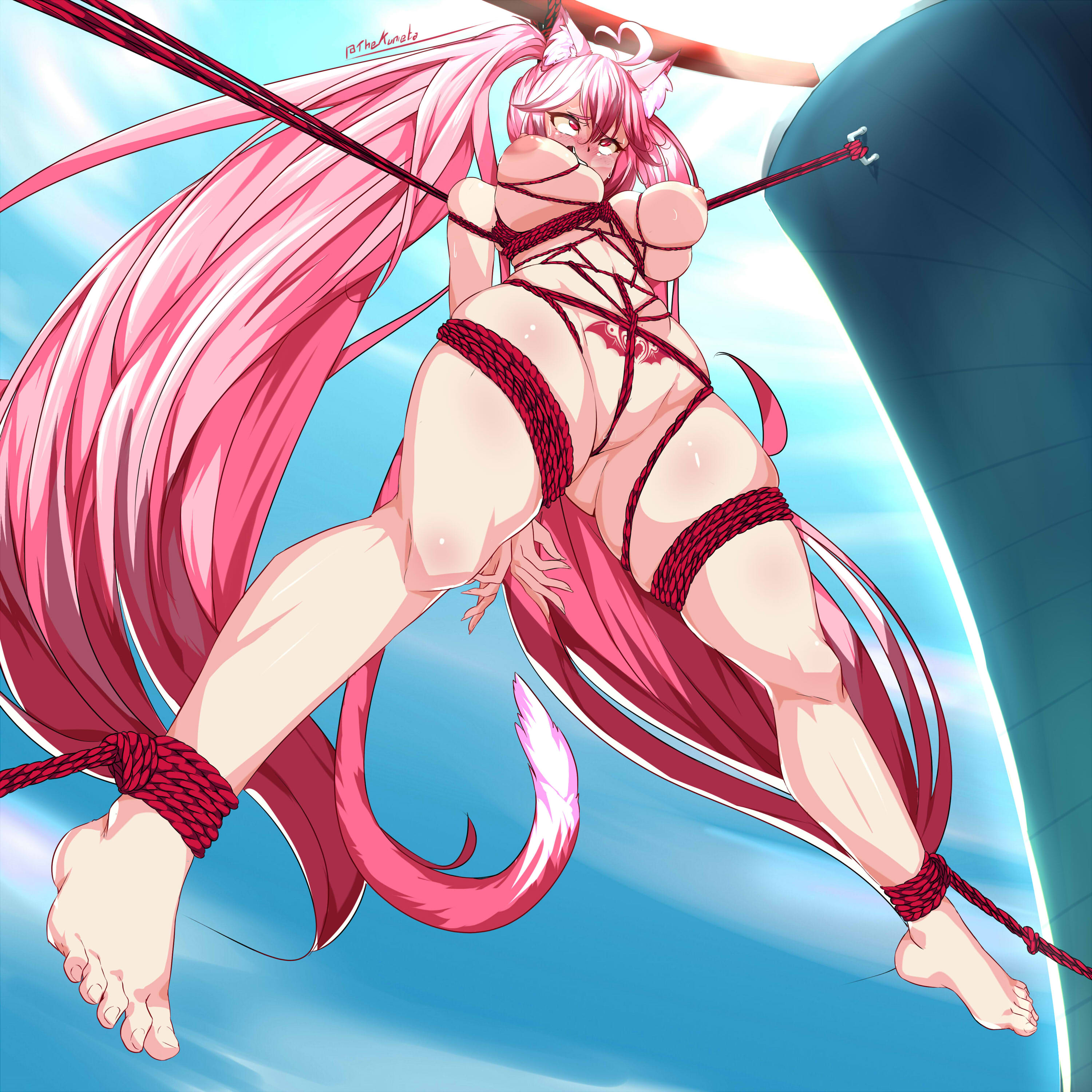 1girls, ahe gao, big breasts, bondage, bondage gear, breasts, cat ears, cat girl, catgirl, female, female only, indie virtual youtuber, latam virtual youtuber, lunaria ayaren, nipples, pink hair, red eyes, solo, suspension, tail, thick thighs, thighs, virtual youtuber, vtuber, vtuberfanart