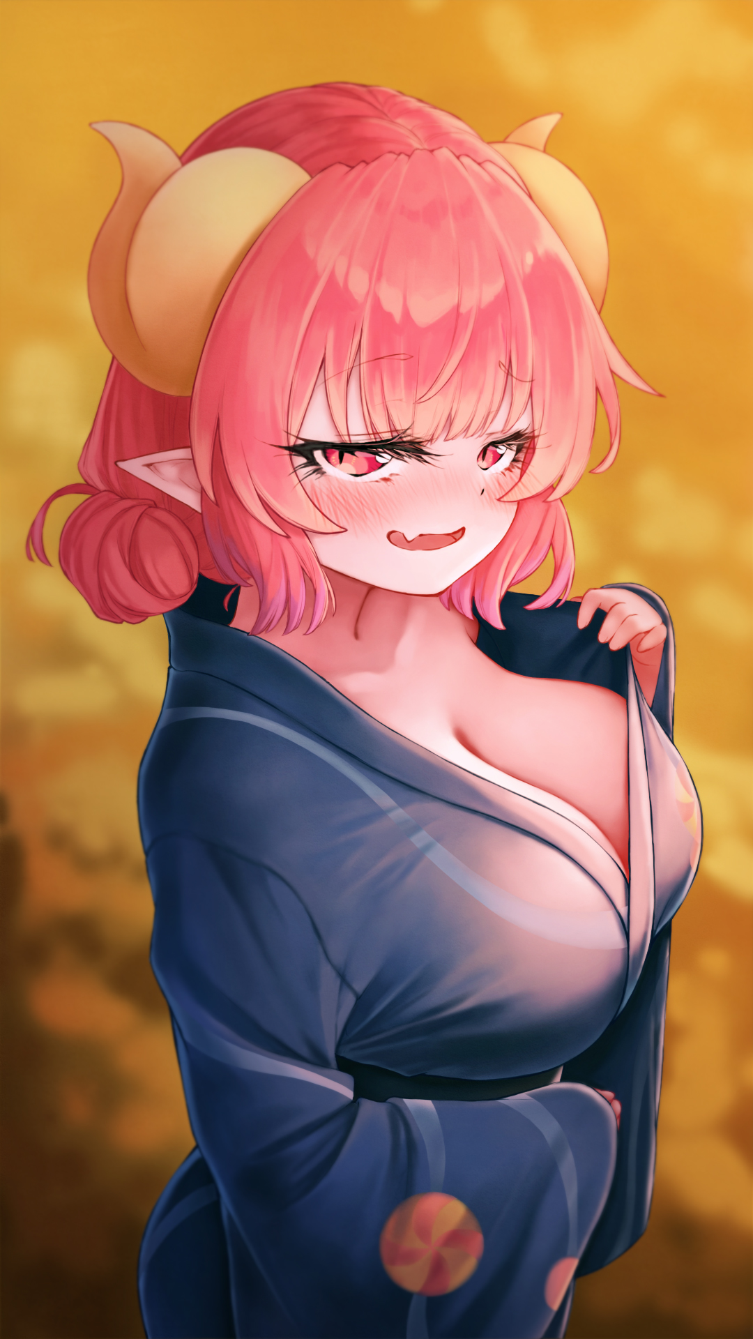 1girls, big breasts, blush, breasts, eye contact, female, half-closed eyes, ilulu (dragon maid), kimono, large breasts, looking at viewer, miss kobayashi's dragon maid, monster girl, pointy ears, red eyes, red hair, solo, sweat, wakaba (945599620)