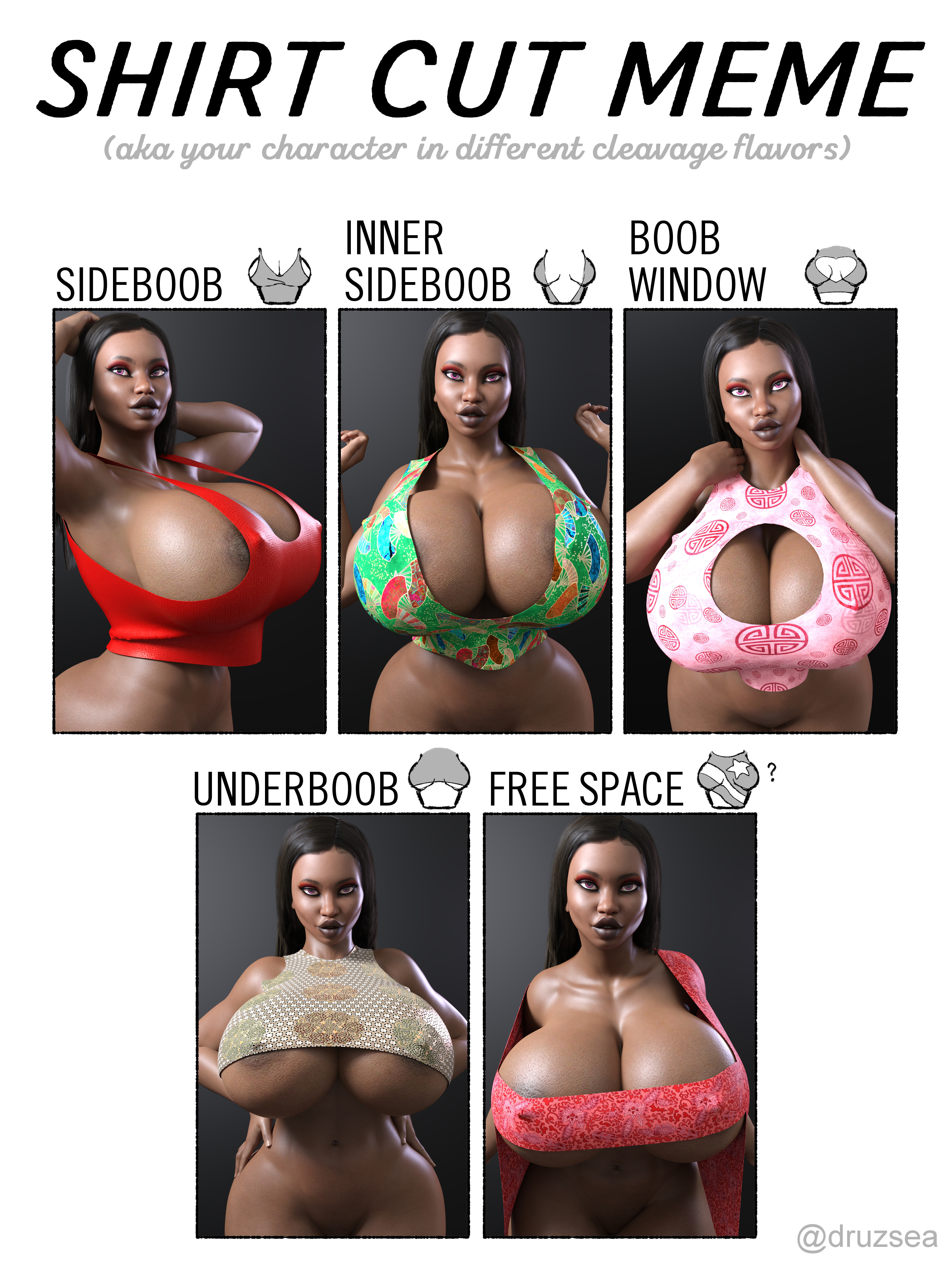 1girls, 3d, african female, breasts, dark skin, dark-skinned female, elodi ”madame” mil’fona (evolluisionist), evolluisionist, female, female only, huge breasts, looking at viewer, shirt cut meme, solo, thick thighs, wide hips