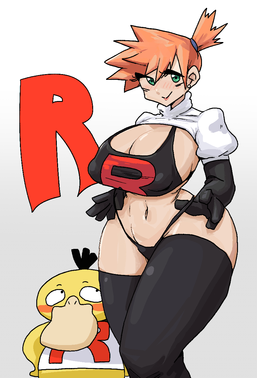 adapted costume, alternate breast size, areola slip, areolae, asymmetrical hair, blush, breasts, corruption, cowboy shot, crop top, enemy conversion, female, female only, game freak, gloves, green eyes, gym leader, hair, high resolution, hips, huge breasts, kasumi (pokemon), large breasts, legs, legs together, looking at another, miniskirt, misty (pokemon), navel, nintendo, orange hair, pokemon, pokemon (anime), pokemon (classic anime), pokemon (game), pokemon rgby, ponytail, psyduck, red hair, short hair, side ponytail, simple background, smile, solo, solo female, sweat, tank top, team rocket, team rocket (cosplay), team rocket uniform, thick, thick thighs, thighs, thong, tied hair, tight clothes, underboob, wet, white swimsuit, wide hips