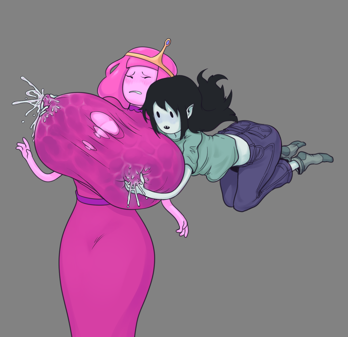 2girls, adventure time, big breasts, blush, breast expansion, breast growth, breast growth (enlargement), breasts, canon couple, cartoon network, female, growth, huge breasts, lactation, marceline, milk squirt, nipple pinch, pink body, pink hair, princess bubblegum, top heavy, transformation, wet clothes, yuri