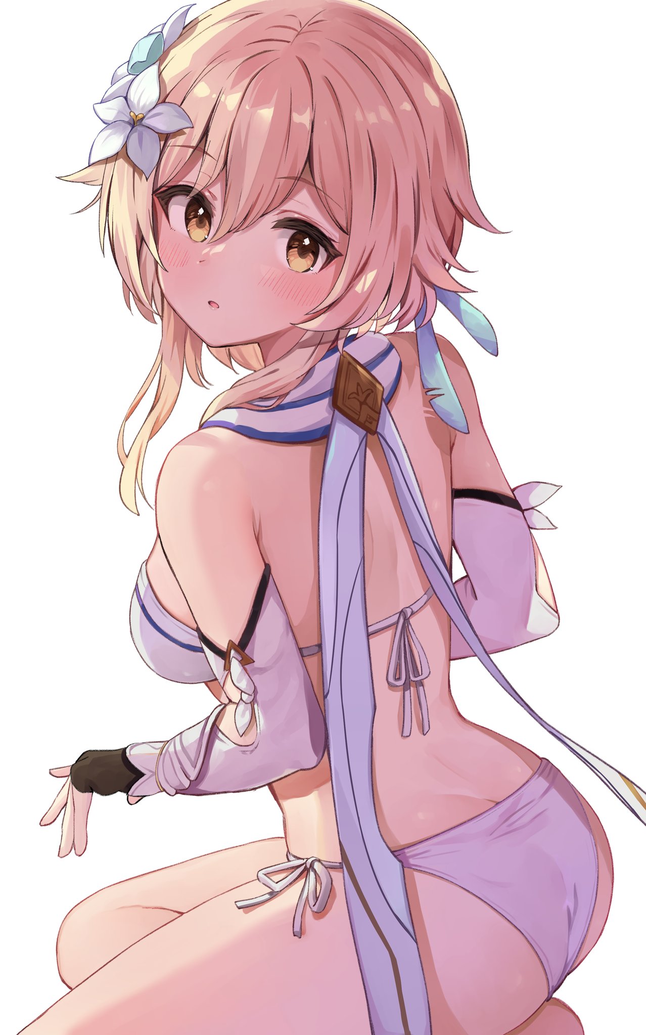 1girls, ass, bikini, blonde hair, blush, breasts, female, genshin impact, lumine (genshin impact), racchi, swimsuit, thick ass, thick thighs, thighs, yellow eyes