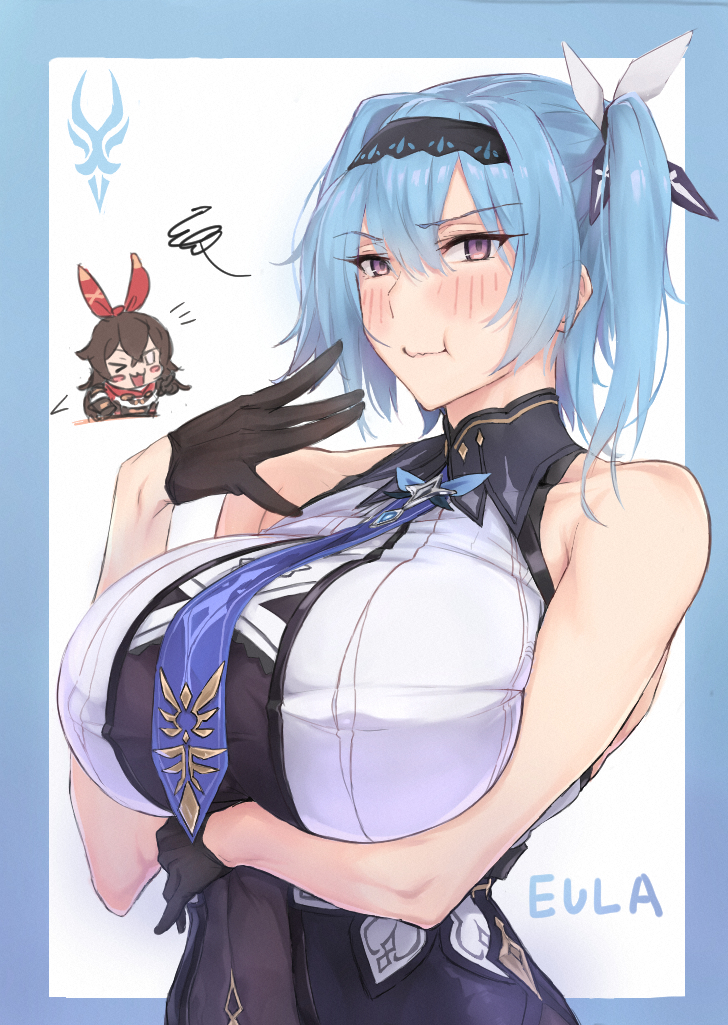 2girls, alternate hairstyle, amber (genshin impact), artist request, barefoot, blue hair, blush, breasts, busty, eula (genshin impact), female, female only, genshin impact, gloves, hairband, necktie, twintails, upper body