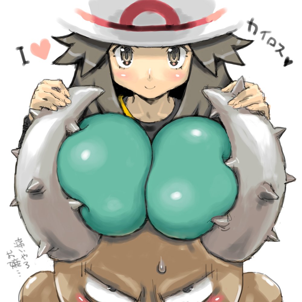 1:1 1girls 1other 2018 ambiguous_gender black_eyes blush breast_squeeze breasts brown_body brown_eyes brown_hair bucket_hat clothed clothing female green_(pokemon) green_shirt hat heart highres horns huge_breasts insects japanese_text leaf_(pokemon) long_hair looking_at_another looking_at_viewer looking_up mandibles matching_hair/eyes nintendo petitdry pinsir pokémon_(species) pokeharlot pokemon pokemon_frlg pokemon_rgby shirt simple_background smile spikes sweat sweatdrop text translated white_background wristband