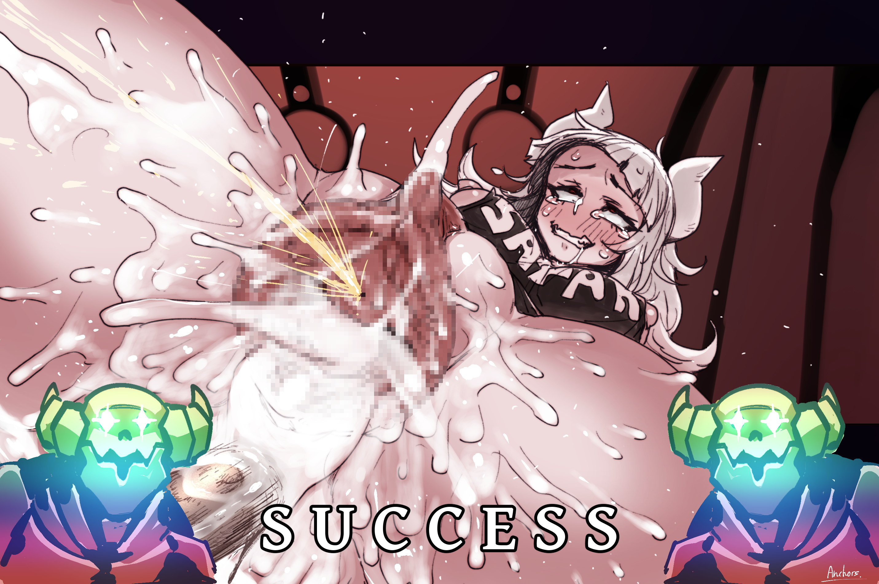 anchors, apron, apron only, blush, cum, cum in pussy, cum inside, demon, demon girl, drooling, female, helltaker, horns, looking pleasured, lucifer (helltaker), peeing, pussy, red eyes, white hair