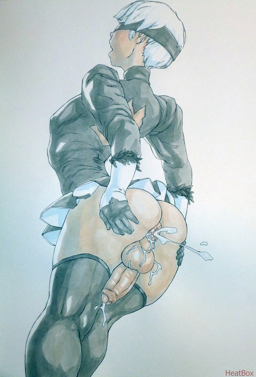 1boy, anus, ass, balls, blindfold, cock-tail, crossdressing, crossplay, cum, cumming, femboy, girly, heatbox, holding ass, holding butt, light skin, male, male focus, male only, nier: automata, penis, rear view, skirt, solo, solo male, testicles, thighhighs, trap, white background, white hair, yorha 2b (cosplay), yorha 9s