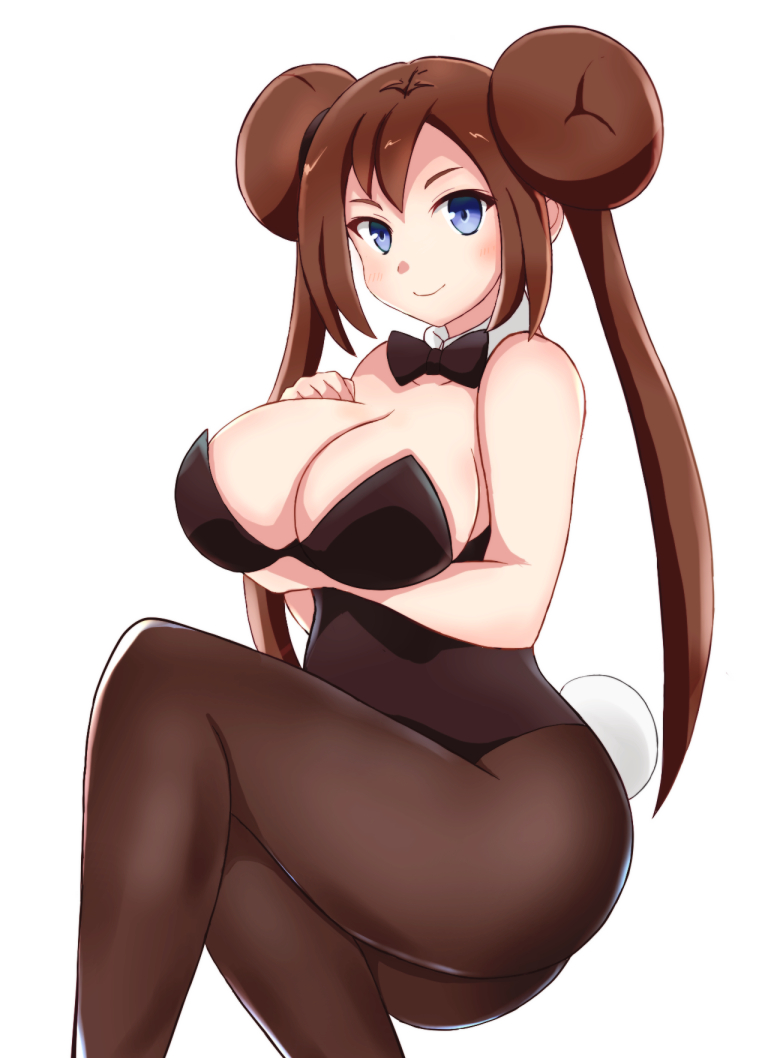1girls, big breasts, blue eyes, bowtie, breasts, brown hair, bunnysuit, double bun, eye contact, female, leotard, looking at viewer, nintendo, pantyhose, pokemon, pokemon bw2, retori niwa, rosa (pokemon), supporting breasts, thick thighs, thighs, twintails