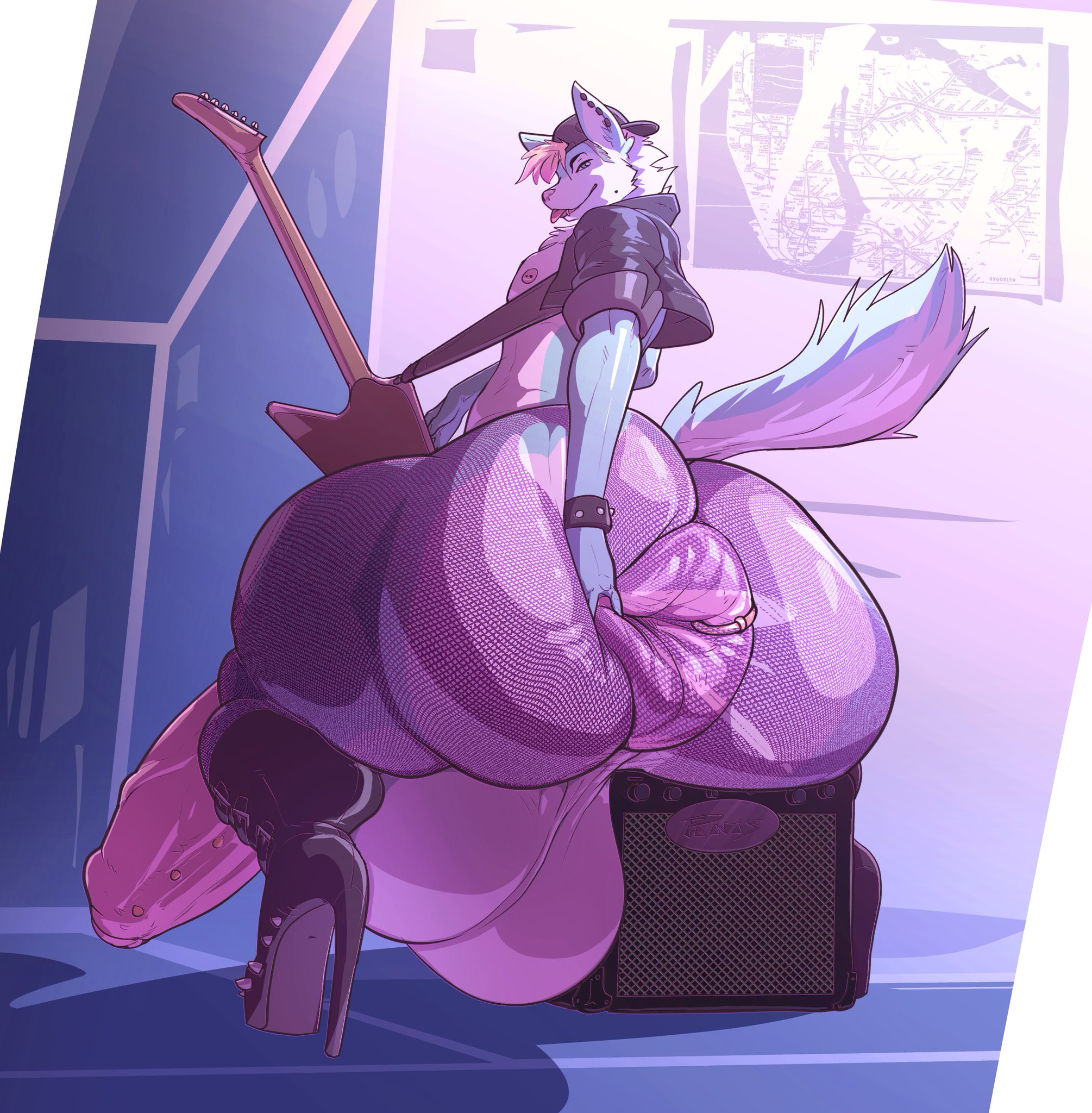 1boy, anthro, ass, ass dough, balls, big ass, big balls, big butt, big penis, deep skin, donut anus, femboy, furry, guitar, huge ass, huge balls, huge butt, huge cock, hung trap, hyper, hyper anus, hyper ass, hyper balls, hyper cock femboy, hyper penis, kay-kay (kaibawolf), leggings, looking at viewer, looking back, male, male anthro, male only, penis, ripped pantyhose, solo, solo male, spread anus, thick thighs, whatinsomnia