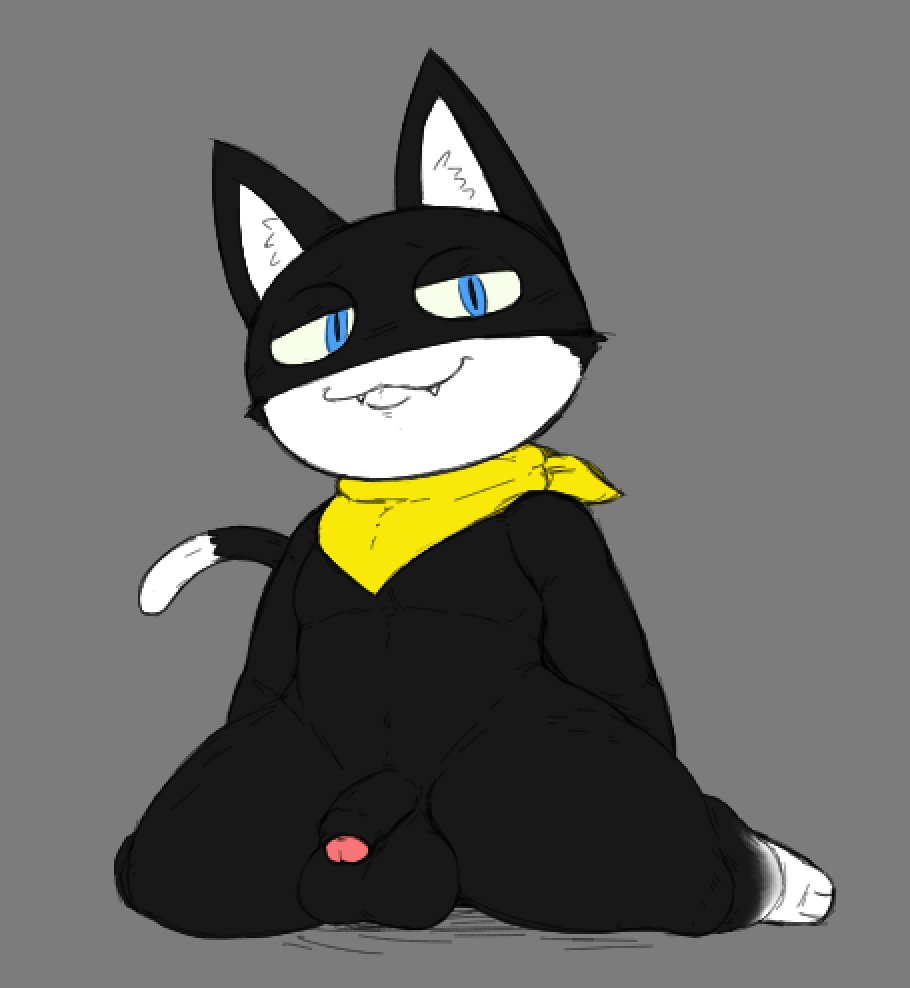 anthro blue_eyes blush humanoid_penis locitony looking_at_viewer lowres male_focus male_only morgana_(persona) on_knees penis persona_5