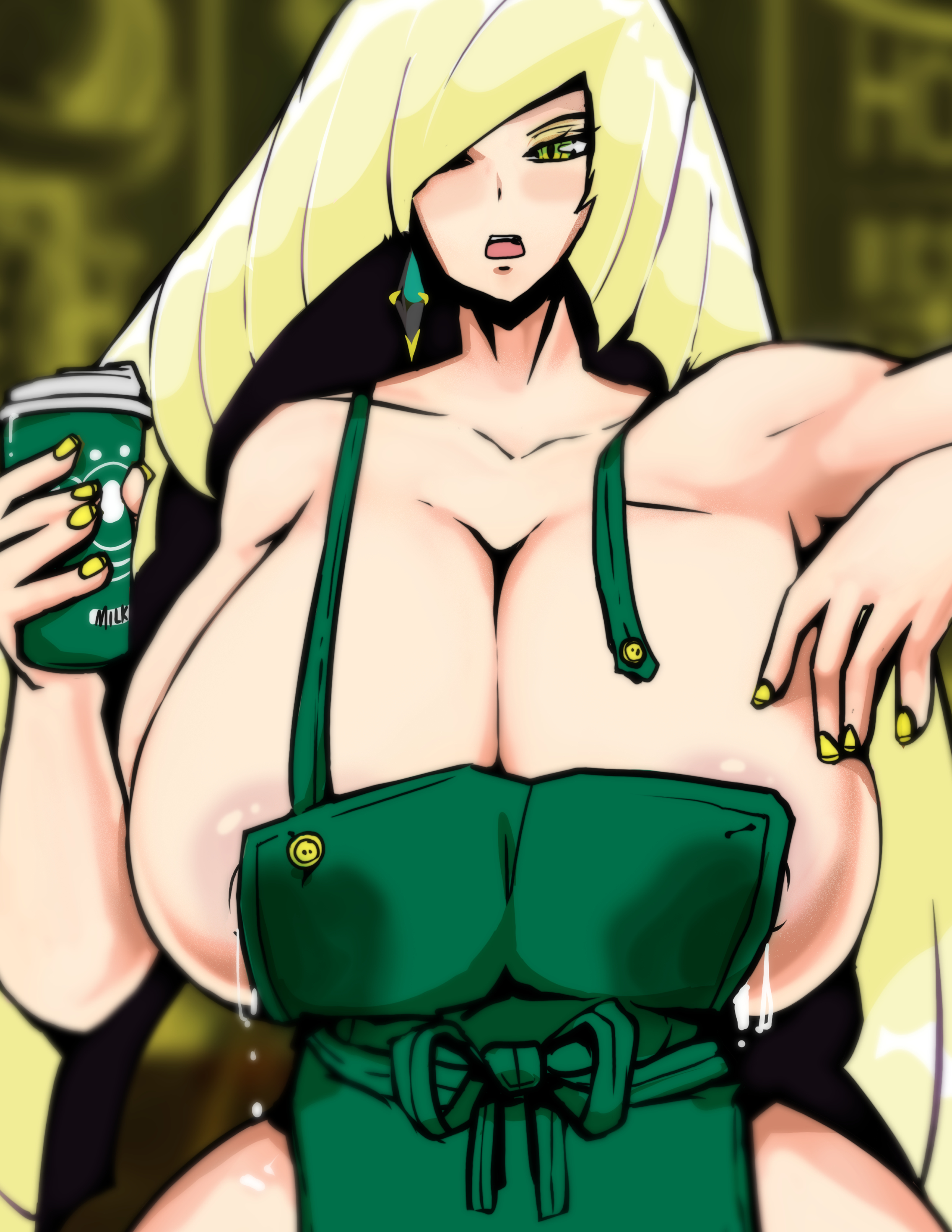 1girls, 2021, alternate breast size, apron, apron only, areola slip, areolae, blonde hair, breasts, female, female focus, female only, green apron, green eyes, hair over one eye, hi res, holding object, huge breasts, iced latte with breast milk, kyza, lactating, lactation, lactation through clothes, large areolae, long hair, looking at viewer, lusamine (pokemon), mature female, meme, milf, milk, mother, naked apron, nintendo, nipples, pokemon, pokemon sm