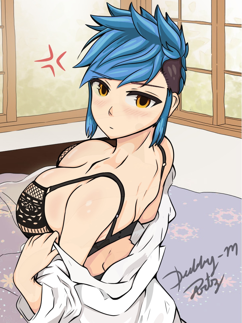 big_breasts big_eyes black_bra blue_hair blush cute dabby-m-arts female female_focus female_only huge_breasts looking_at_viewer payday_2 pov pov_eye_contact shy sydney_(payday_2) tagme taking_clothes_off white_shirt yellow_eyes