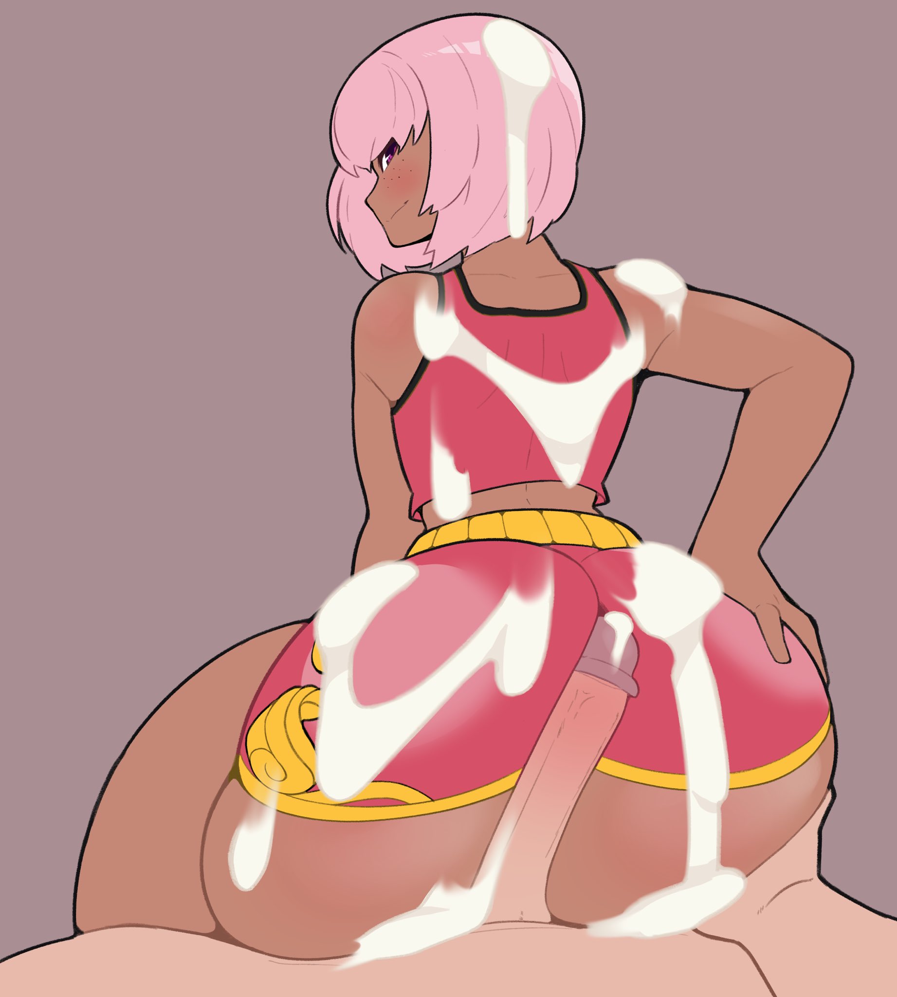 1boy, 1girls, 2021, after buttjob, after sex, ass, assjob, big ass, big butt, big penis, big thighs, bodily fluids, bottom heavy, bottomwear, brown skin, buttjob, buttjob over clothes, commission, commission art, cum, cum on arm, cum on body, cum on clothes, cum on hair, cum on lower body, cum on upper body, dark skin, dark-skinned female, faceless male, fat ass, female, freckles, grabbing, grabbing own ass, grinding, hand on ass, hand on own ass, huge ass, huge butt, humping, large ass, large butt, light skin, light-skinned male, looking at partner, looking at viewer, looking back, male, male/female, pale skin, pale-skinned male, penis, pink hair, rubbing, satisfied, short hair, short pink hair, shorts, shortstack, simple background, tank top, thick ass, thick thighs, topwear, vammzu