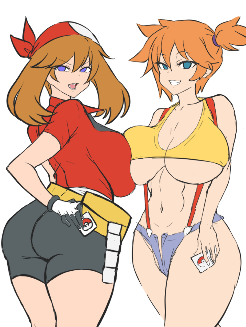 2girls, abs, alternate breast size, alternate eye color, aqua eyes, ass, big breasts, black shorts, breasts, brown hair, condom, crop top, curvy figure, dd (artist), female, female only, gloves, huge breasts, kasumi (pokemon), large breasts, leggings, light skin, light-skinned female, may (pokemon), minishorts, misty (pokemon), multiple females, multiple girls, nintendo, nipple slip, orange hair, pale skin, pale-skinned female, pokemon, pokemon rgby, pokemon rse, purple eyes, shiny skin, short hair, shorts, smile, smiling at viewer, smug, spandex, suspenders, thick thighs, thighs, thunder thighs, tight clothing, white background, wide hips