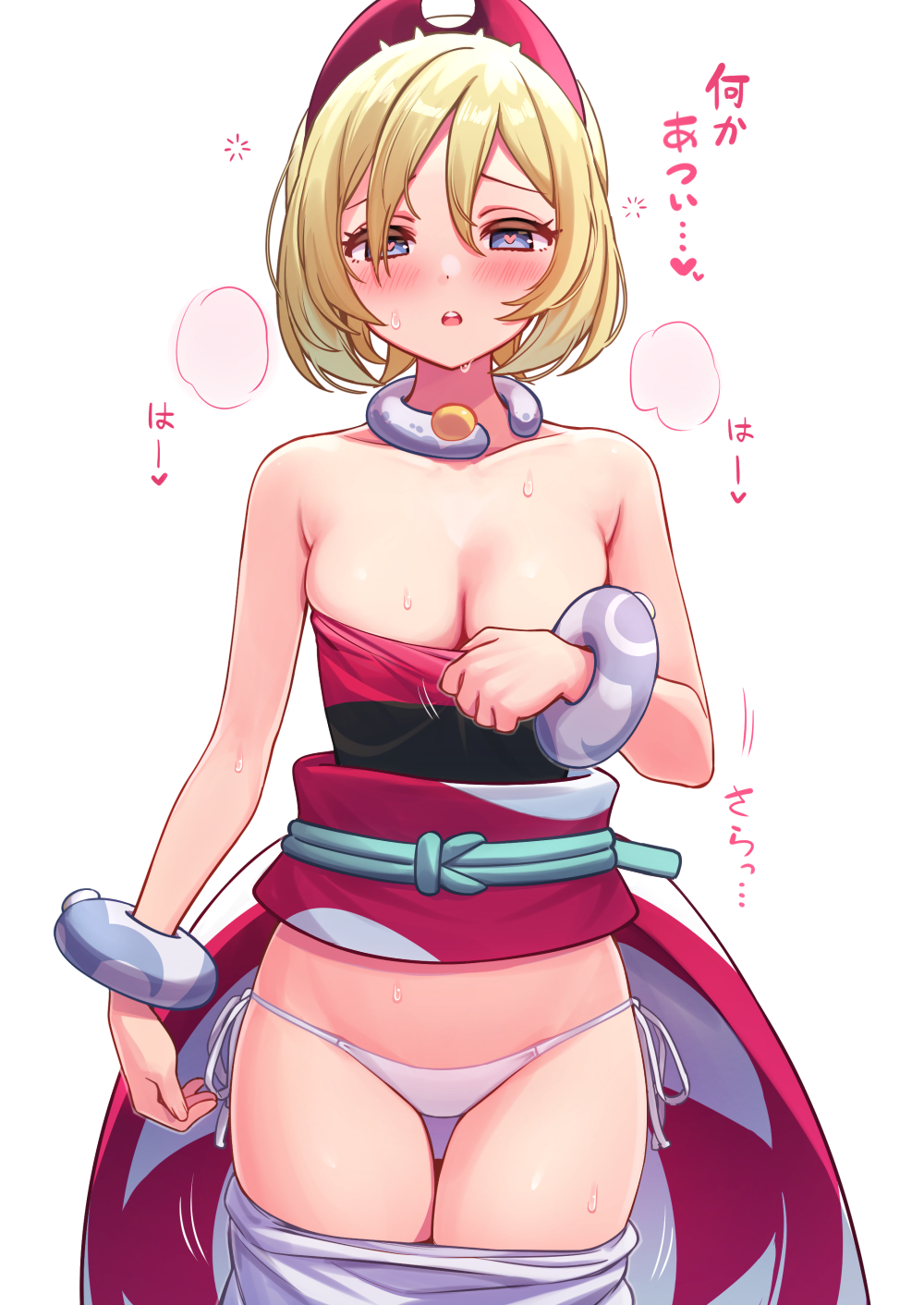 :o, 1girls, blonde hair, bracelet, bracelets, breasts, cleavage, clothed, clothed female, clothing, color, deadnoodles (@deadnooodles), female, headband, headgear, headwear, heart-shaped pupils, irida (pokemon), light skin, light-skinned female, looking at viewer, medium breasts, necklace, open mouth, panties, petite, pokemon, pokemon legends: arceus, rei (pokemon), short hair, simple background, solo, solo female, sweat, sweatdrop, text, thighs, traditional clothes, undressing, white background, white panties