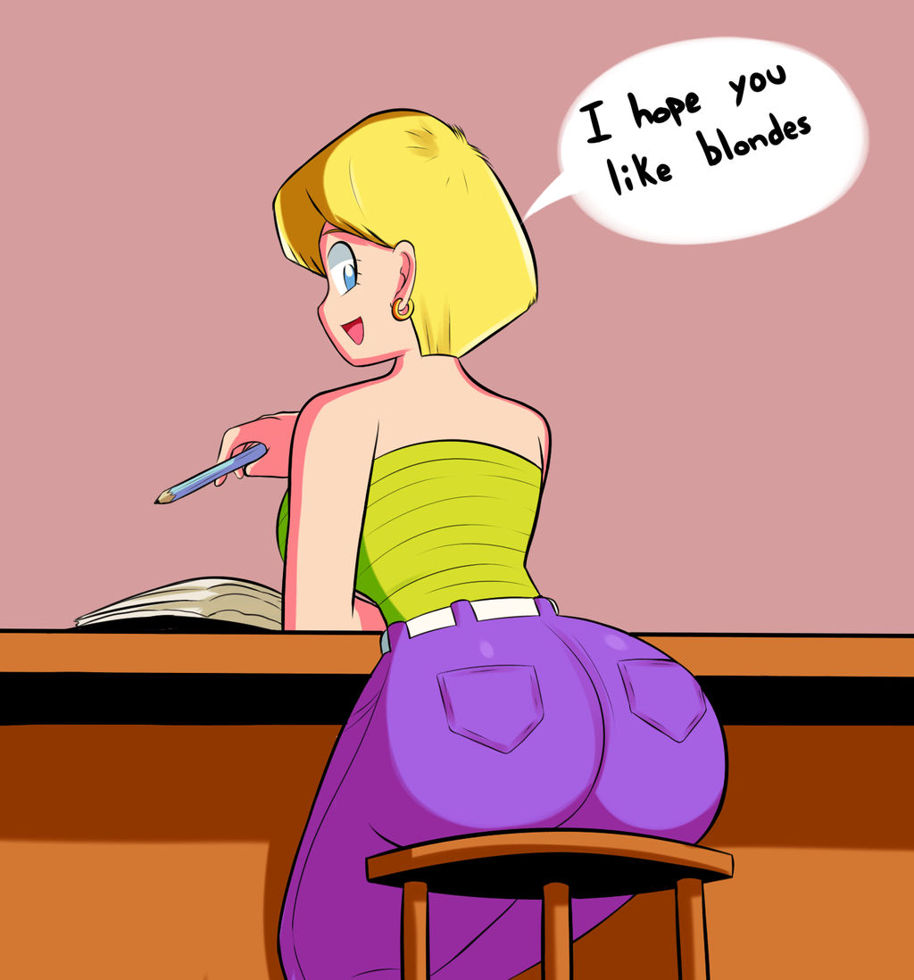 1girls, ass, big ass, blonde hair, book, breasts, bubble ass, bubble butt, clothing, desk, dialogue, dragon ball, dragon ball z, erasa, fat ass, female, female only, huge ass, looking at viewer, looking back, pants, pencil, scrabble007, sideboob, sitting, solo, stool, talking to viewer, thick thighs, tight pants