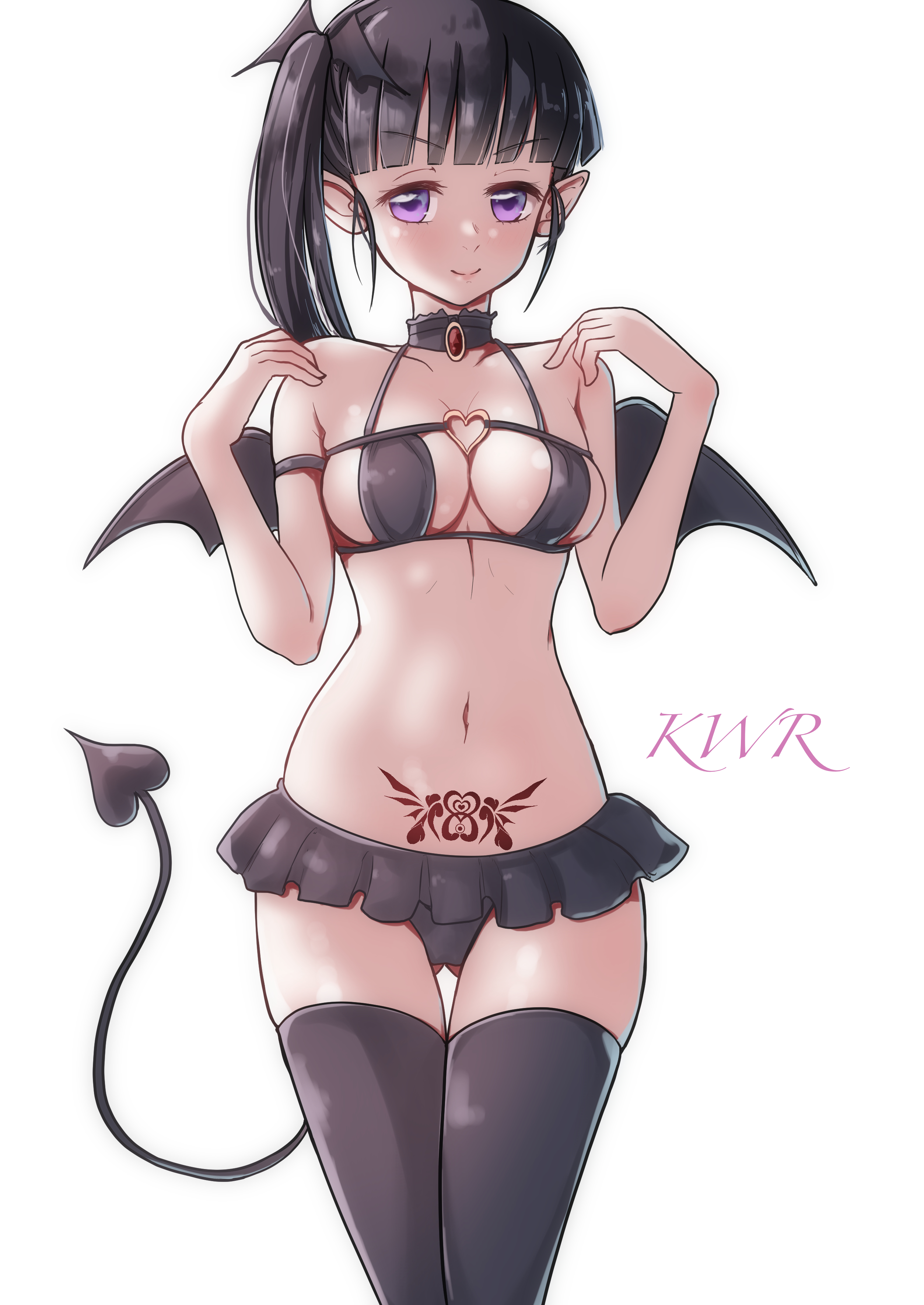1girls, alternate costume, bangs, black hair, black legwear, black thighhighs, black-haired female, breasts, choker, cleavage, demon, demon horns, demon slayer, demon tail, demon wings, eyepatch bikini, female, female only, halloween, halloween costume, kimetsu no yaiba, kwrrrrrr, lingerie, looking at viewer, medium breasts, miniskirt, pointy ears, ponytail, pubic tattoo, purple eyes, side ponytail, sideboob, smile, solo, succubus, succubus tail, succubus tattoo, succubus wings, thigh gap, thighhighs, tsuyuri kanao, wide hips