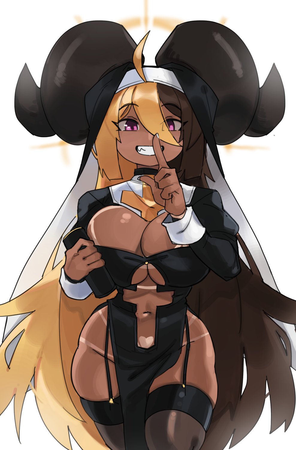 1girls, 2021, ahoge, aife (zanamaoria), blonde hair, breasts, brown hair, brown skin, cleavage, female, female focus, female only, finger to mouth, garter straps, hips, horns, huge breasts, large horns, long hair, naughty face, nun, nun outfit, nun's habit, original, original character, purple eyes, revealing clothes, simple background, slim waist, smile, suggestive look, tan, tan-skinned female, tanline, tanlines, tanned skin, thick thighs, thighhighs, thighs, two-tone hair, white background, wide hips, zanamaoria