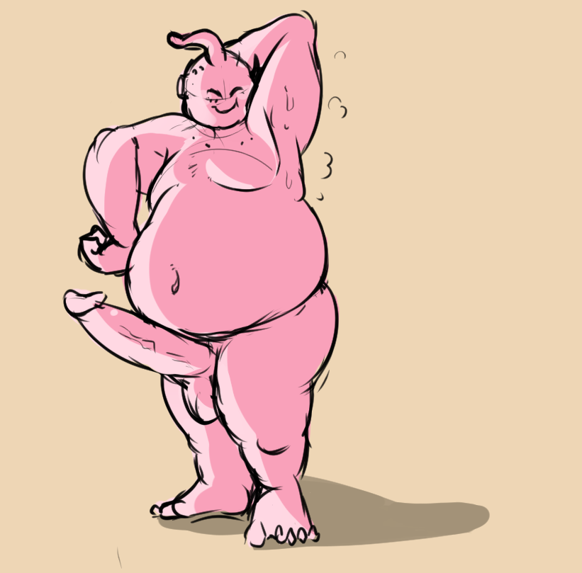 balls big_belly big_penis dragon_ball dragon_ball_z fat_buu happy majin_buu male male_only moobs musk overweight penis pink_skin raised_arm smelly smile solo squeakydweeb