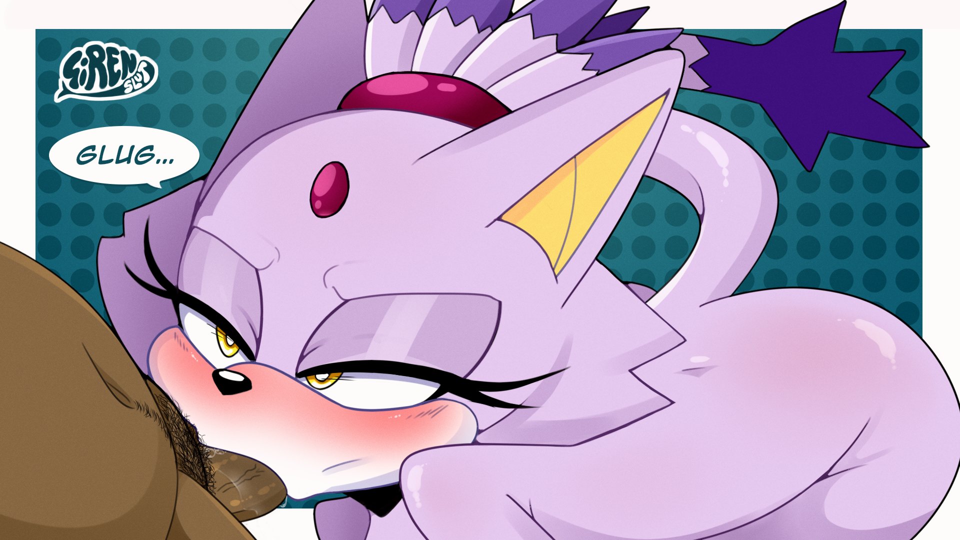 anthro, ass, bent over, blaze the cat, blush, dark skin, dark-skinned male, domestic cat, duo, erection, faceless male, felid, feline, felis, fellatio, female, forehead gem, fur, genitals, hair, hi res, human, human on anthro, interracial, interspecies, male, male/female, mammal, nude, onomatopoeia, oral, penile, penis, ponytail, purple body, purple fur, sega, sex, sirenstudios, sonic (series), sonic the hedgehog (series), sound effects, text, yellow eyes