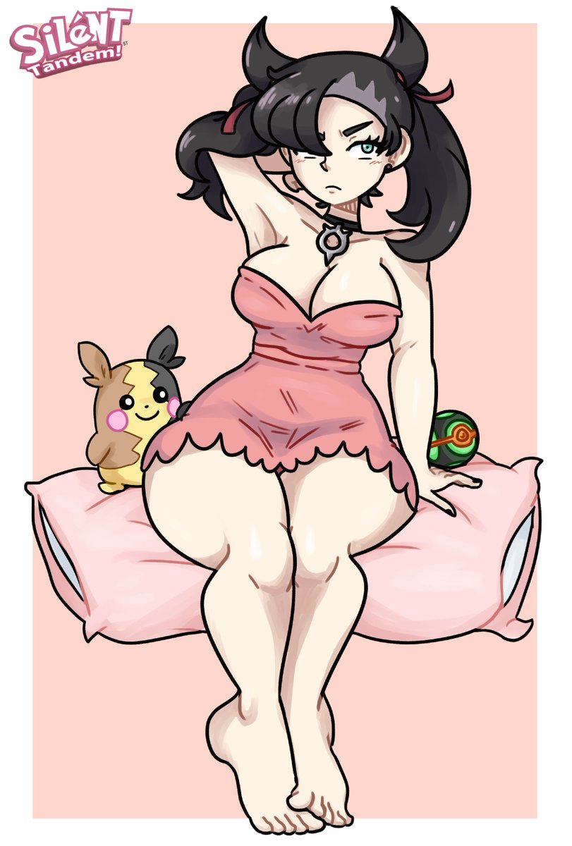 1girls ambiguous_gender big_breasts black_hair breasts choker female large_breasts long_hair marnie_(pokemon) morpeko nintendo pokemon pokemon_ss silenttandem thick_thighs twintails wide_hips