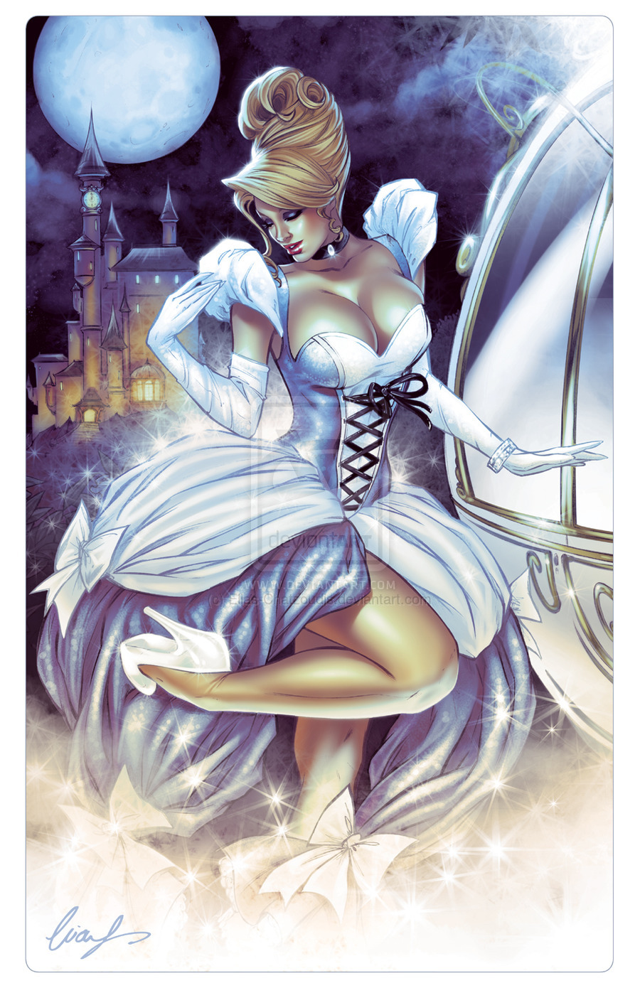 1girls big_breasts black_collar blonde_hair blue_dress breasts busty castle choker cinderella cinderella_(fairy_tales) cinderella_(zenescope) cleavage closed_eyes collar comic_cover deviantart dress elias_chatzoudis eyeshadow female female_only glass_slipper gloves heels high_resolution large_breasts lipstick makeup mascara moon official_art pinup red_lips red_lipstick slipper slippers smile solo watermark zenescope