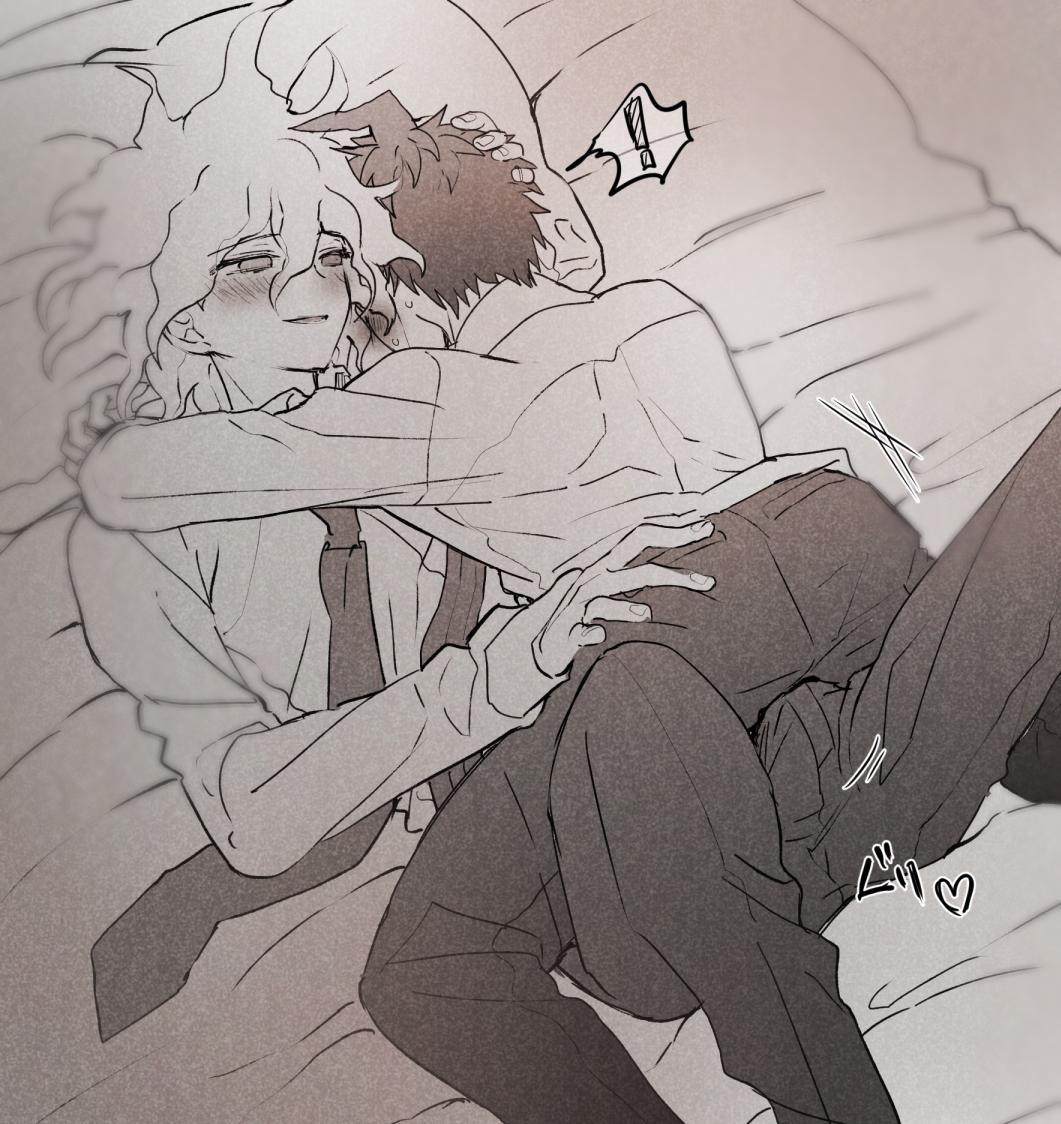2boys, bed, bulge, clothed, danganronpa, danganronpa 3, gay, grinding, hinata hajime, humping, kanmi ro, male, male only, male/male, nagito komaeda, on bed, smile, straight hair, yaoi