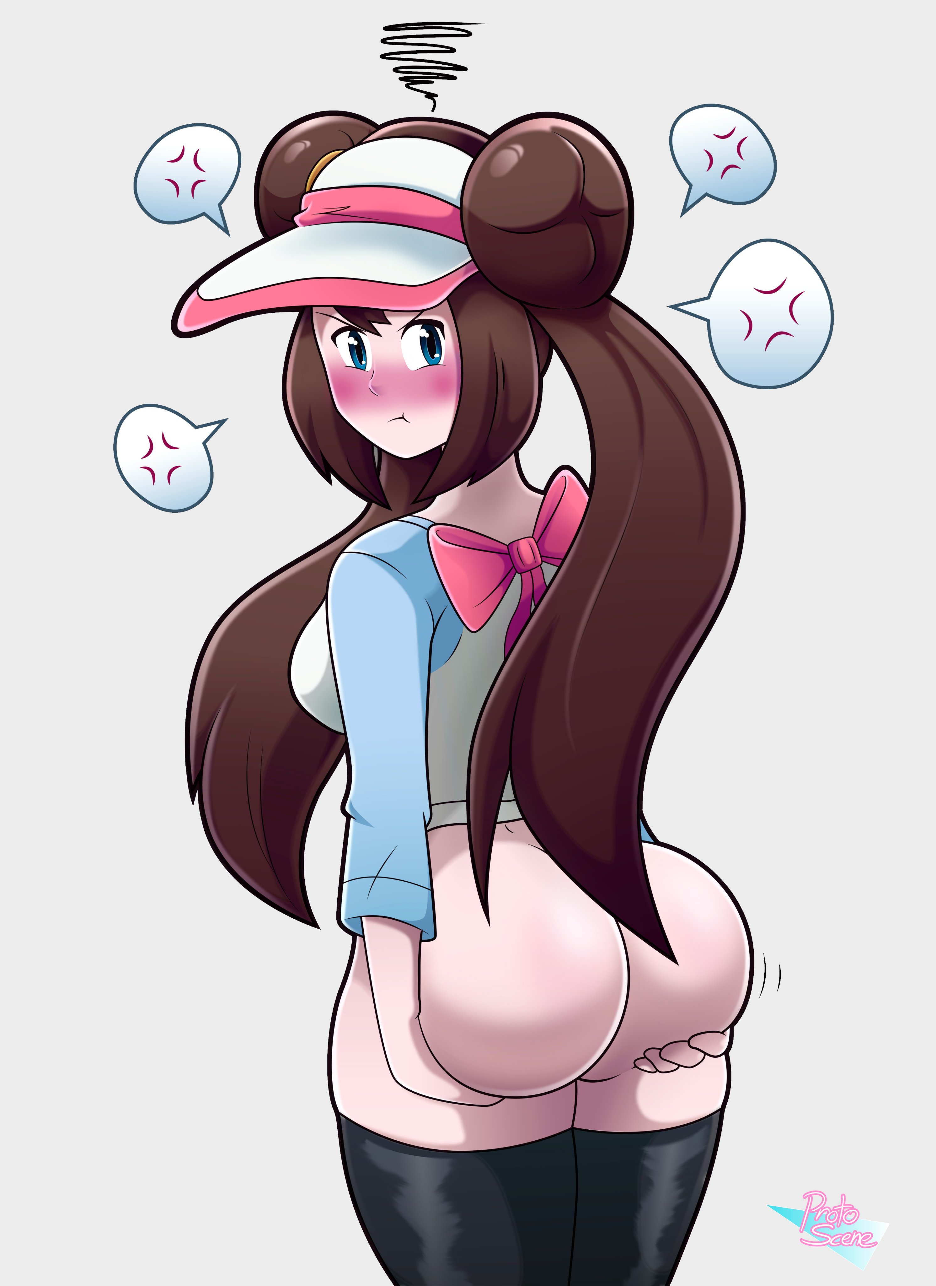 1girls, 2021, angry, artist signature, ass, ass focus, back, back view, blue eyes, blush, bottomless, bottomless female, breasts, brown hair, bubble ass, bubble butt, embarrassed, female, female focus, female only, grabbing own ass, hat, hi res, large ass, large breasts, long hair, nintendo, pokemon, pokemon bw2, protoscene, reaching back, rosa (pokemon), simple background, thick thighs, thighhighs, thighs, twin buns, twintails, visor, visor cap, white background, white hat, white shirt