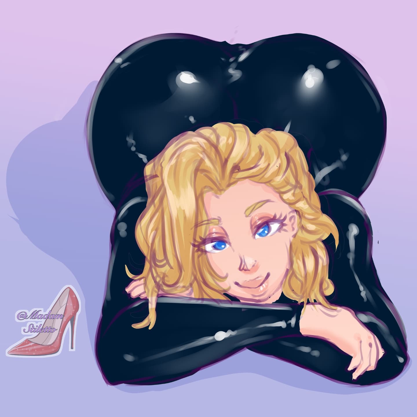 1girls, ass, big ass, big butt, blonde hair, blue eyes, bodysuit, eye contact, fantastic four, female, invisible woman, large ass, latex suit, looking at viewer, madam stiletto, marvel, marvel comics, signature, smile, sue storm, text, thick ass, thick lips