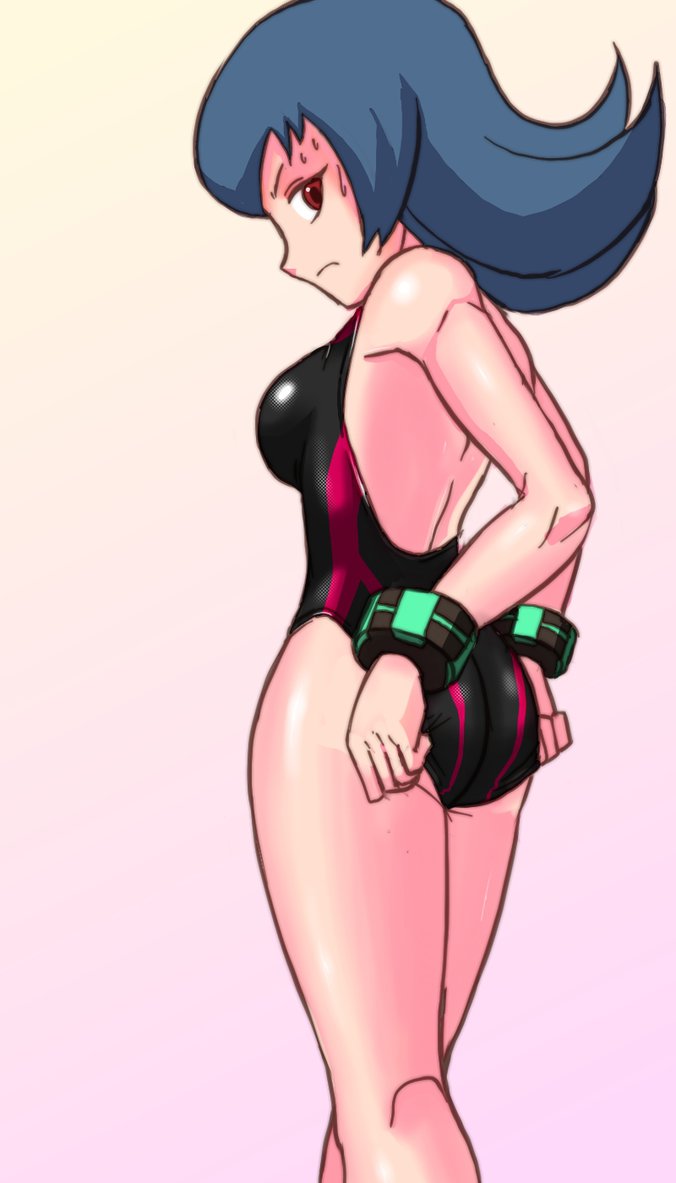 1girls, adjusting swimsuit, annoyed expression, ass, bare back, blue hair, bracelet, embarrassed, female, female ass, female only, gradient background, gym leader, looking back, nintendo, one-piece swimsuit, pokemon, pokemon hgss, pokemon rgby, red eyes, sabrina (pokemon hgss), sabrina (pokemon), skin tight, swimsuit, thighs, thighs together