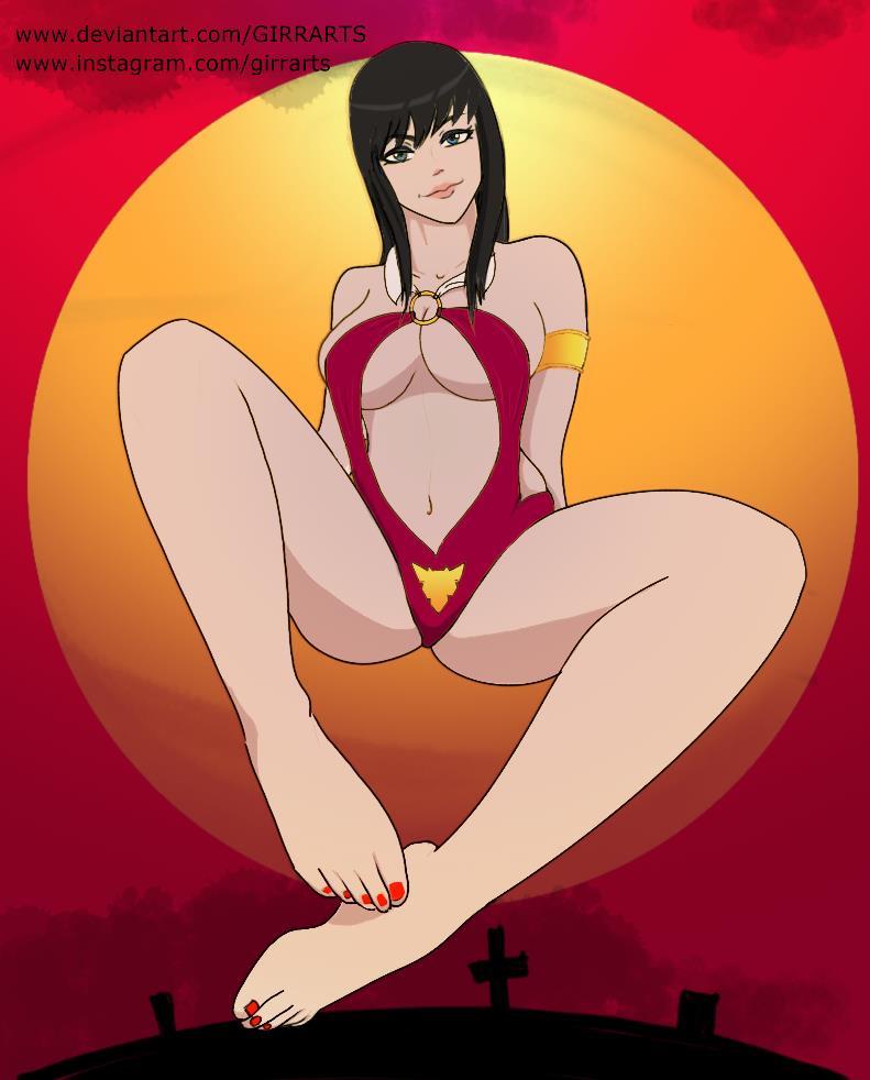 5_toes armband barefoot bewitching_feet big_breasts black_hair blue_eyes breasts cemetery feet female girrarts humanoid_feet moon red_background red_toenails sling_bikini smile solo toenail_polish vampire vampirella vampirella_(character)