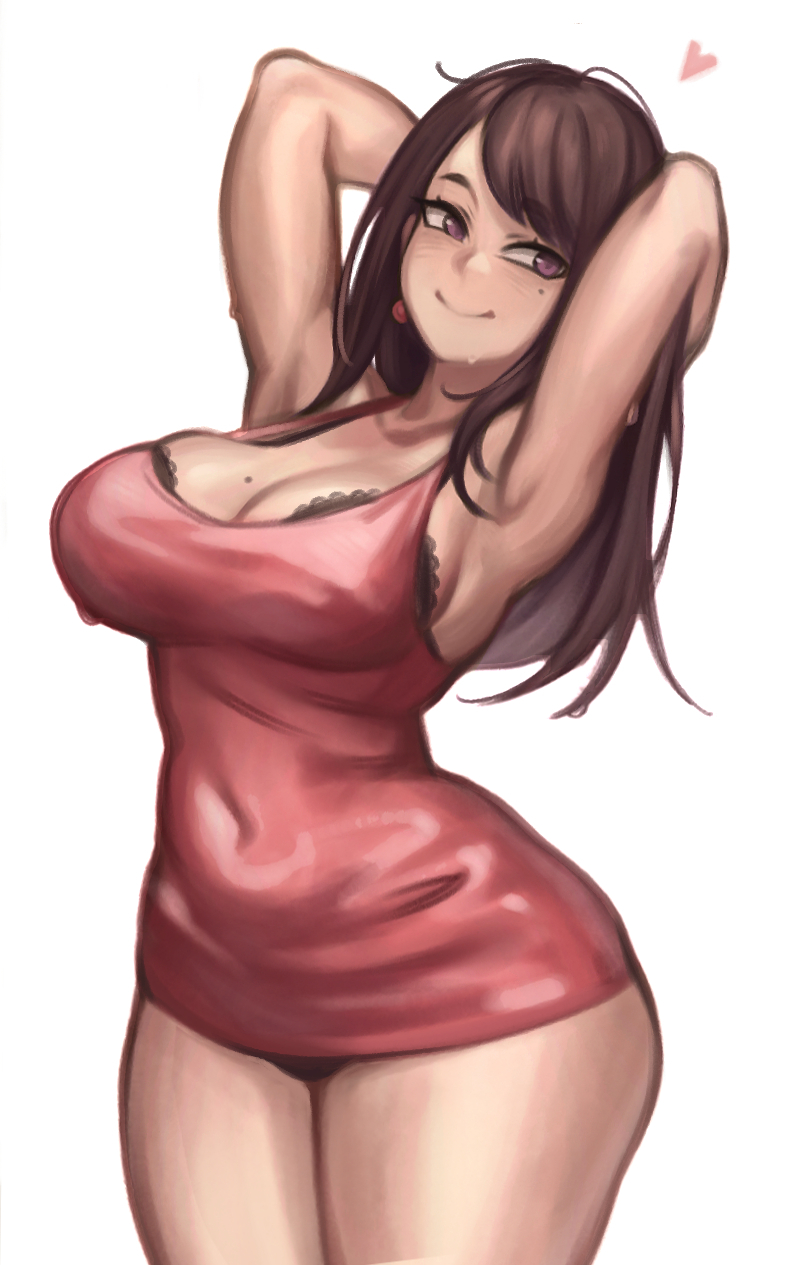 1girls, armpits, big breasts, breasts, brown hair, dress, female, large breasts, lentiyay, long hair, original, red dress, smile, solo, standing, thick thighs, thighs, white background