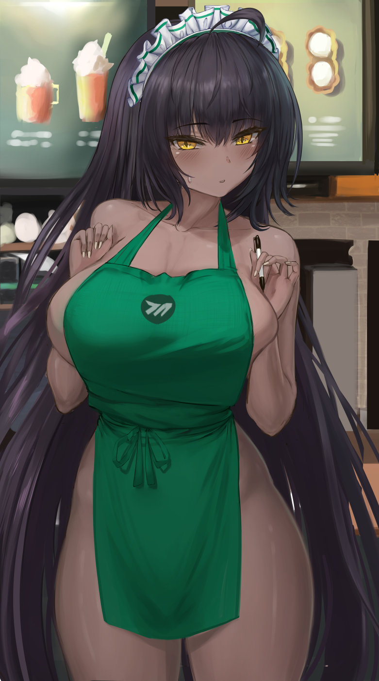 1girls 2021 ahoge apron apron_only b-pang barista black_hair blue_archive blush breasts brown_skin cleaning_&_clearing_(blue_archive) cleavage dark-skinned_female dark_skin embarrassed female female_focus female_only green_apron hips holding_object huge_breasts iced_latte_with_breast_milk indoors karin_(blue_archive) long_hair looking_at_viewer maid_headdress meme millennium_science_school_logo_(blue_archive) millennium_science_school_student naked_apron slim_waist thick_thighs thighs wide_hips yellow_eyes