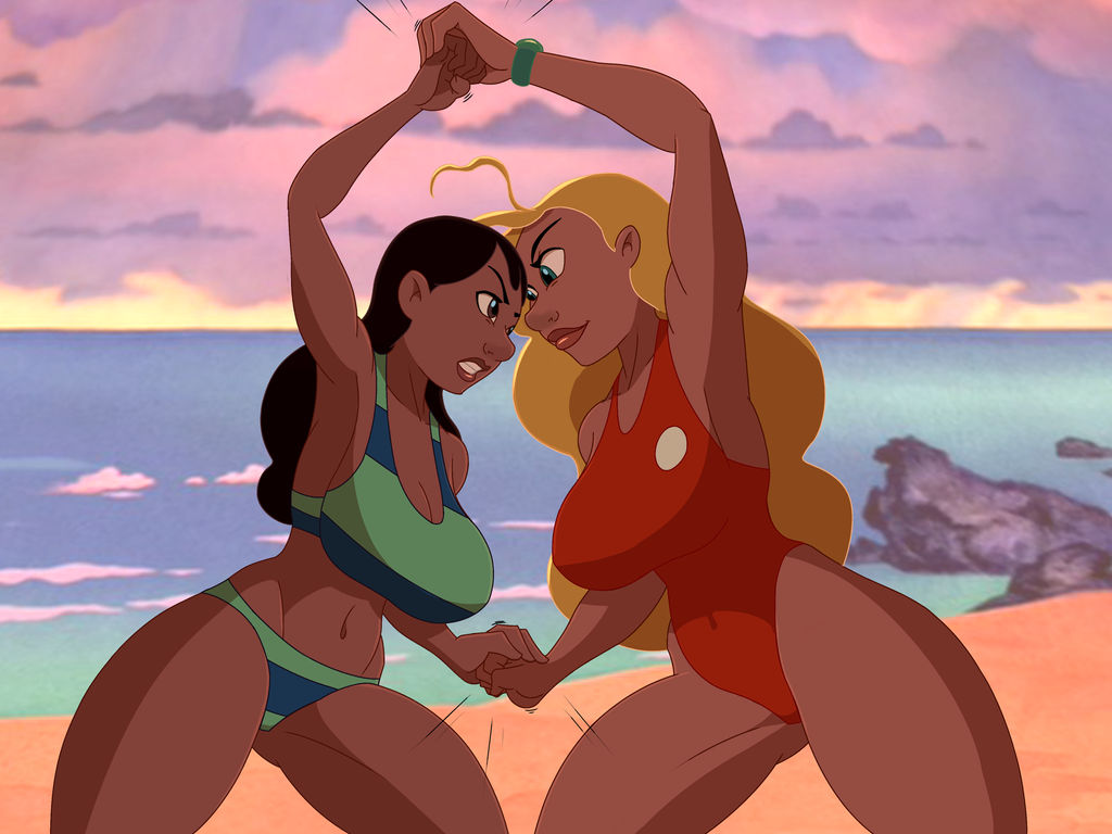 2girls alternate_version_available beach black_hair blonde_hair busty chrisbryer commission dark-skinned_female dark_skin disney female hips hourglass_figure human kingvego legs lifeguard_(lilo_and_stitch) lilo_and_stitch long_hair nani_pelekai public straight_hair swimsuit swimwear thebrise thick thick_legs thick_thighs wide_hips wristwatch wristwear