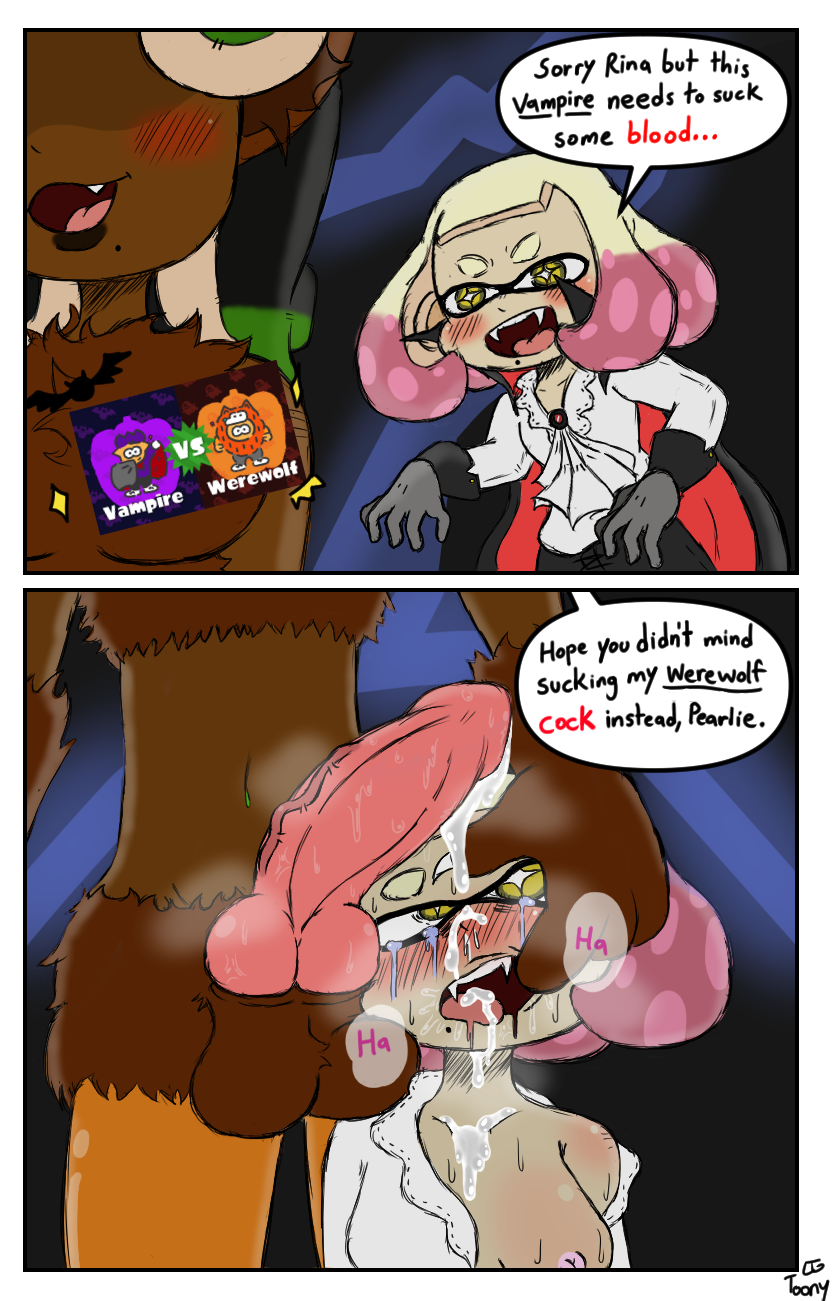 1futa, 1girls, 2koma, after fellatio, animal genitalia, animal penis, anthro, balls, breasts, cum, cum in mouth, dark skin, dark-skinned futa, dialogue, duo, fangs, fellatio, female, finger in mouth, furry, futa on female, futanari, halloween, halloween costume, humanoid, inkling, instant loss, instant loss 2koma, interracial, intersex, interspecies, knot, lewdtoonyguy, light skin, light-skinned female, marina (splatoon), octoling, oral, pale skin, pale-skinned female, pearl (splatoon), penis, sex, splatfest, splatoon, splatoon 2, tears, text, vampire, werewolf