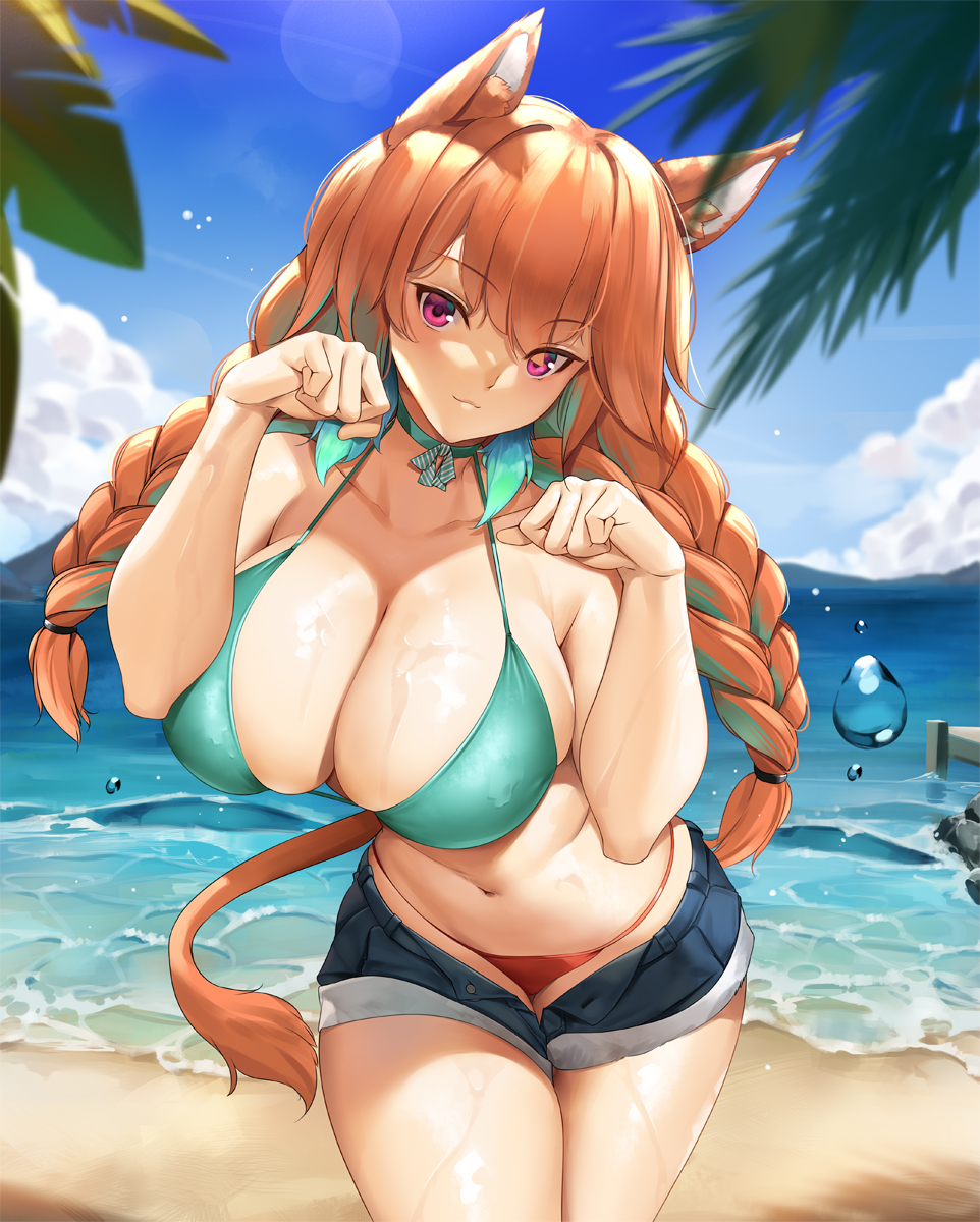 1girls, 2021, animal ears, bangs, bare shoulders, beach, bikini, braid, braided twintails, breasts, cat ears, cleavage, eyebrows visible through hair, female, female focus, female only, gradient hair, green bikini, green hair, green highlights, hair over one eye, highres, hololive, hololive english, hololive myth, large breasts, legs, long hair, looking at viewer, mismatched bikini, multicolored hair, ocean, open fly, orange hair, paw pose, red bikini, solo, streaked hair, swimsuit, tail, takanashi kiara, takanashi kiara (2nd costume), tony guisado, tree, twintails, two-tone hair, very long hair, virtual youtuber