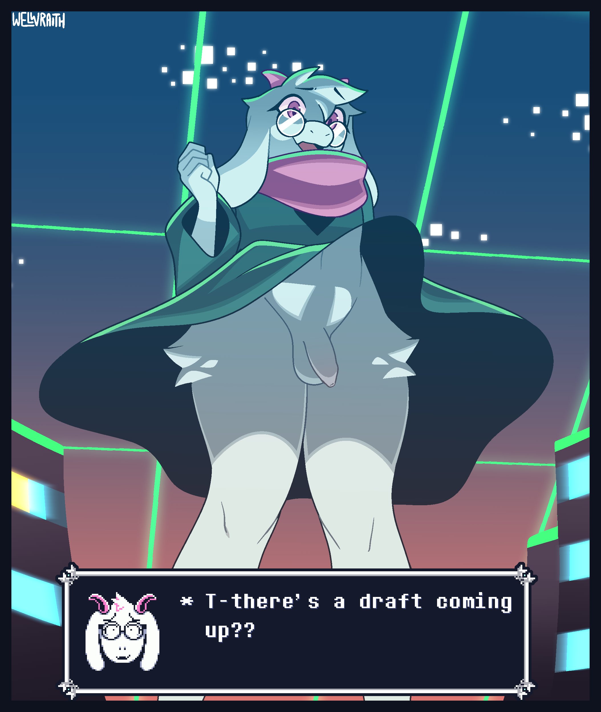 1boy, 2d, anthro, anthro male, anthro only, balls, balls under clothes, bottomless skirt, caprine, crossdressing, deltarune, english text, femboy, flaccid, flaccid penis, foreskin, furry, furry male, furry only, glasses, humanoid, humanoid male, humanoid only, inkplasm, male, male only, mammal, mammal humanoid, penis, penis out, penis under skirt, ralsei, skirt, skirt lift, solo, talking, text, trap, uncircumcised, uncut, undertale (series), welwraith, wide hips, wind lift, windy dress