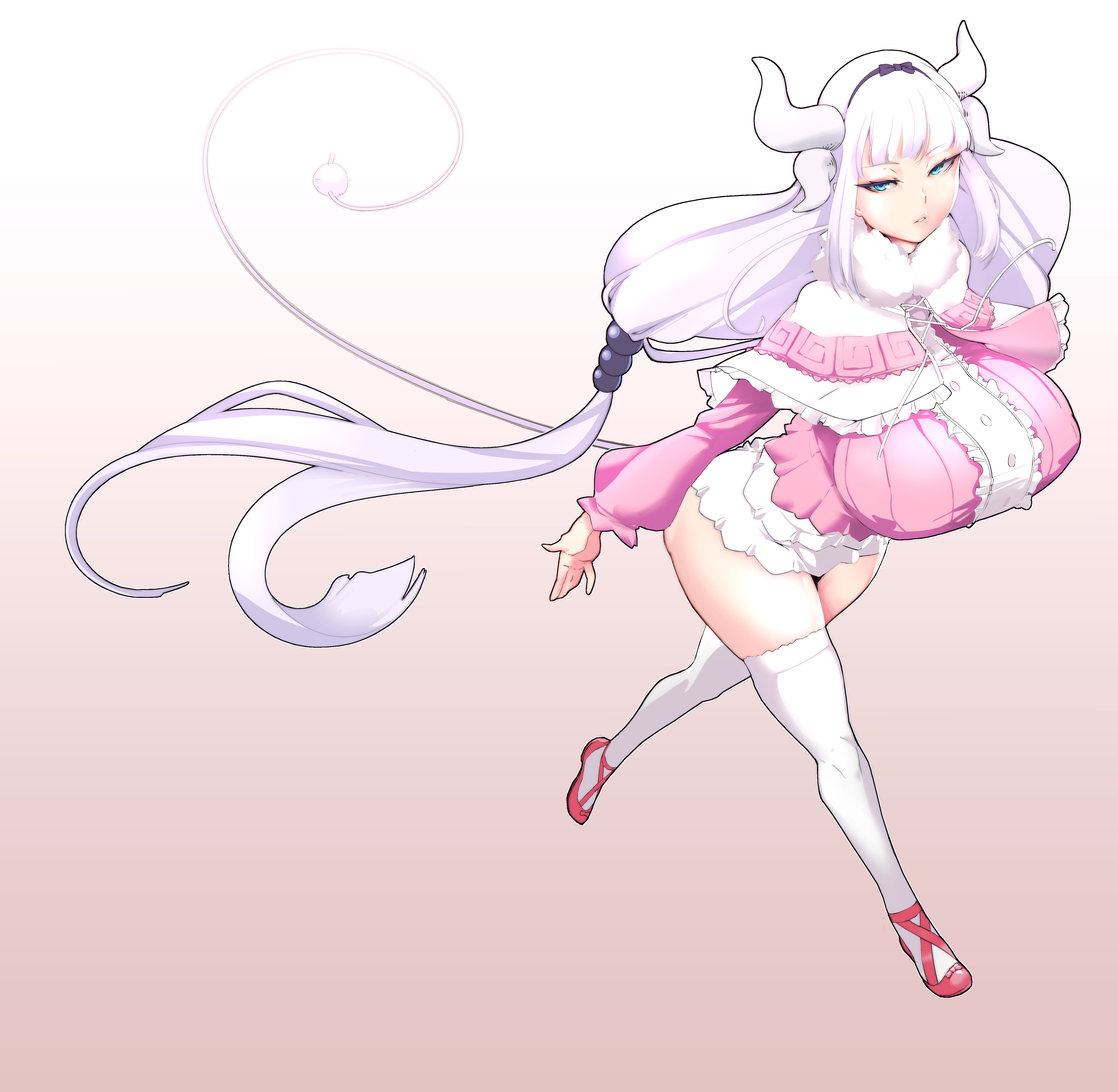 aged up, artist request, blue eyes, female, fully clothed, grown up, horns, kanna kamui, lavender hair, miss kobayashi's dragon maid, red shoes, simple background, skirt, solo, source request, stockings, tagme, tail, white stockings