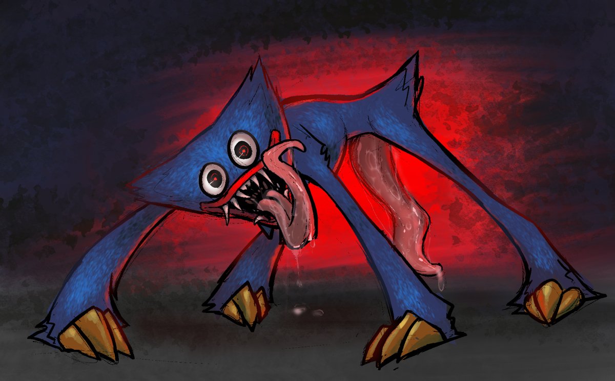:d, 1boy, 2021, adultfuntime, all fours, anthro, barefoot, big mouth (anatomy), big penis, black background, black eyes, blue background, blue body, blue fur, blue tail, bodily fluids, claws, cum, cum on penis, drooling, erection, fangs, feet, fur, genital fluids, genitals, huggy wuggy, lips, long penis, long tongue, looking at viewer, male, male only, monster, multicolored eyes, noseless, nude, open mouth, penis, pink penis, pink tongue, poppy playtime, precum, presenting mouth, red background, red eyes, red lips, saliva, saliva string, sharp claws, sharp teeth, simple background, smile, solo, tapering penis, teeth, tentacle penis, thick penis, toe claws, tongue, tongue out, vein, veiny penis, video games, wide eyed, yellow claws