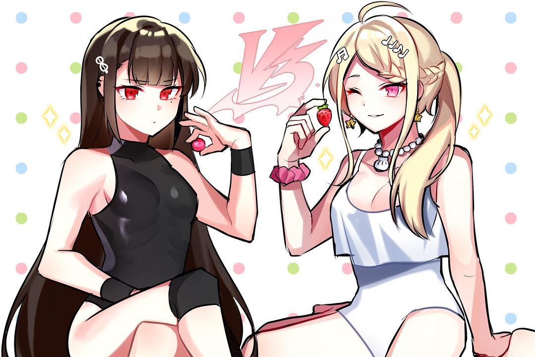 akamatsu kaede, blonde hair, brown hair, danganronpa, danganronpa v3, female, harukawa maki, multiple females, multiple girls, one-piece swimsuit, pink eyes, red eyes, smooth skin, swimsuit