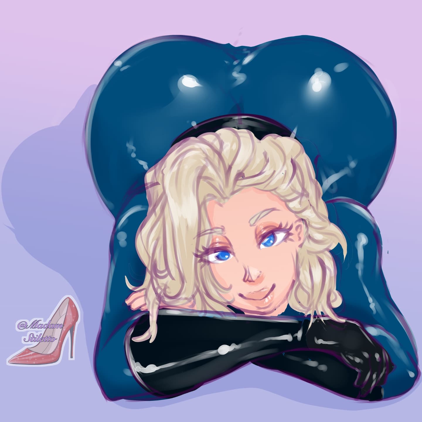 1girls, ass, big ass, big butt, blonde hair, blue eyes, bodysuit, eye contact, fantastic four, female, gloves, invisible woman, large ass, looking at viewer, madam stiletto, marvel, marvel comics, signature, smile, sue storm, text, thick ass, thick lips