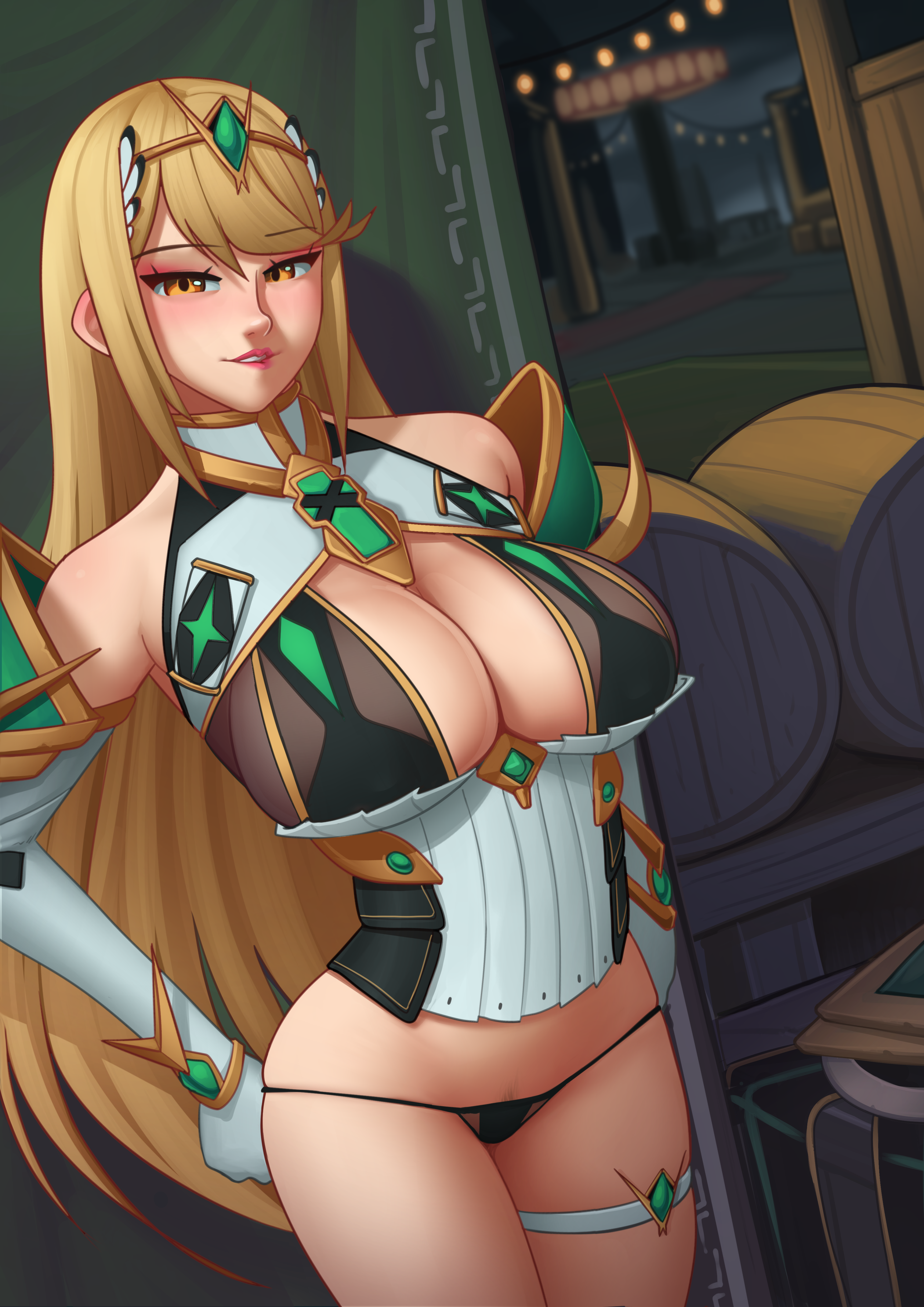 1girls, amber eyes, armor, arms behind back, big breasts, blonde hair, blush, blushing at viewer, bra visible through clothes, breasts, cleavage, clothed, core crystal, deilan12, detached sleeves, female, female focus, female only, gold jewelry, gold trim, headband, leg strap, looking at viewer, mythra, nipple bulge, panties, parted lips, pauldrons, pubic hair peek, see-through, see-through clothing, solo, solo female, solo focus, standing, xenoblade (series), xenoblade chronicles 2