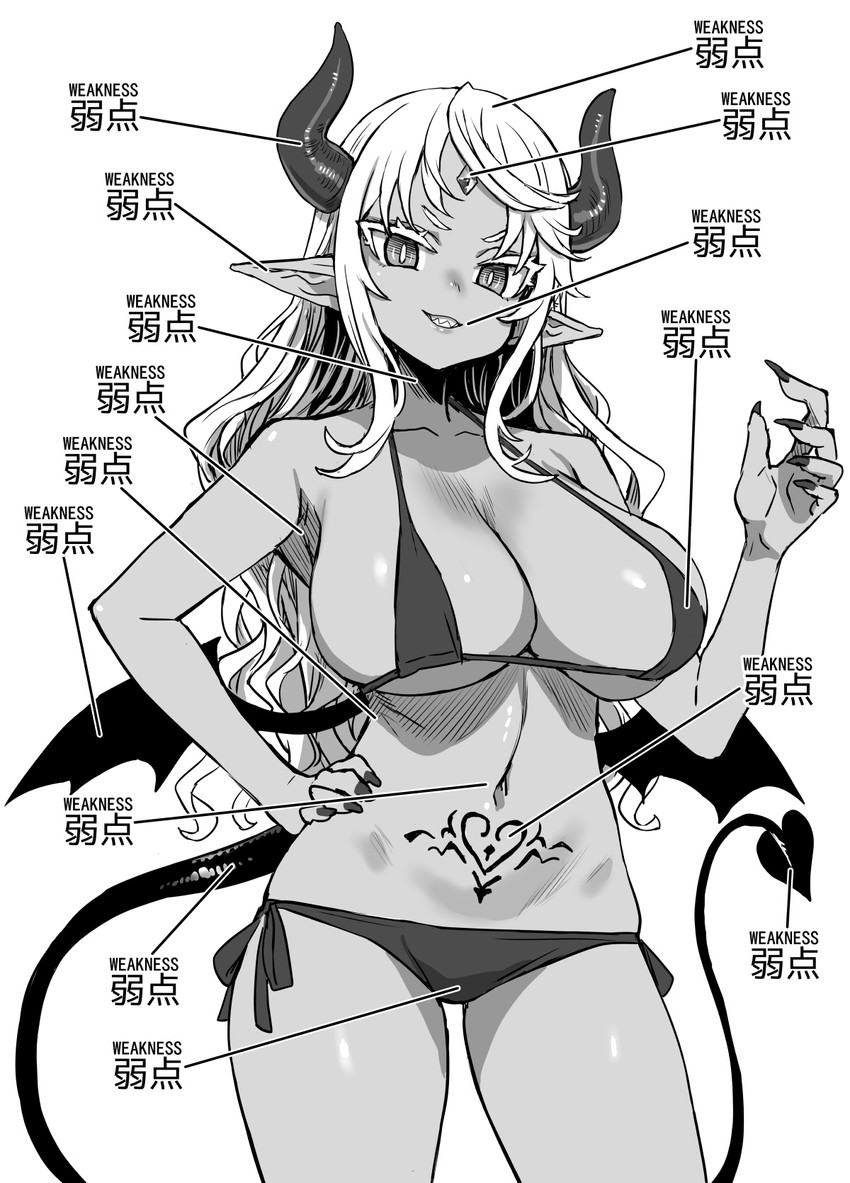 1girls asanagi asian_mythology big_breasts bikini breasts demon demon_girl demon_horns demon_tail demon_wings elf_ears female female_focus female_only femsub horns huge_breasts humiliation information long_ears long_hair looking_at_viewer makeup manga_style misogyny monochrome mostly_nude objectification pointy_ears pubic_tattoo sexism sexual_objectification sexually_suggestive sharp_teeth smooth_skin solo solo_female succubus tagme tattoo thick_thighs translation_request white_hair