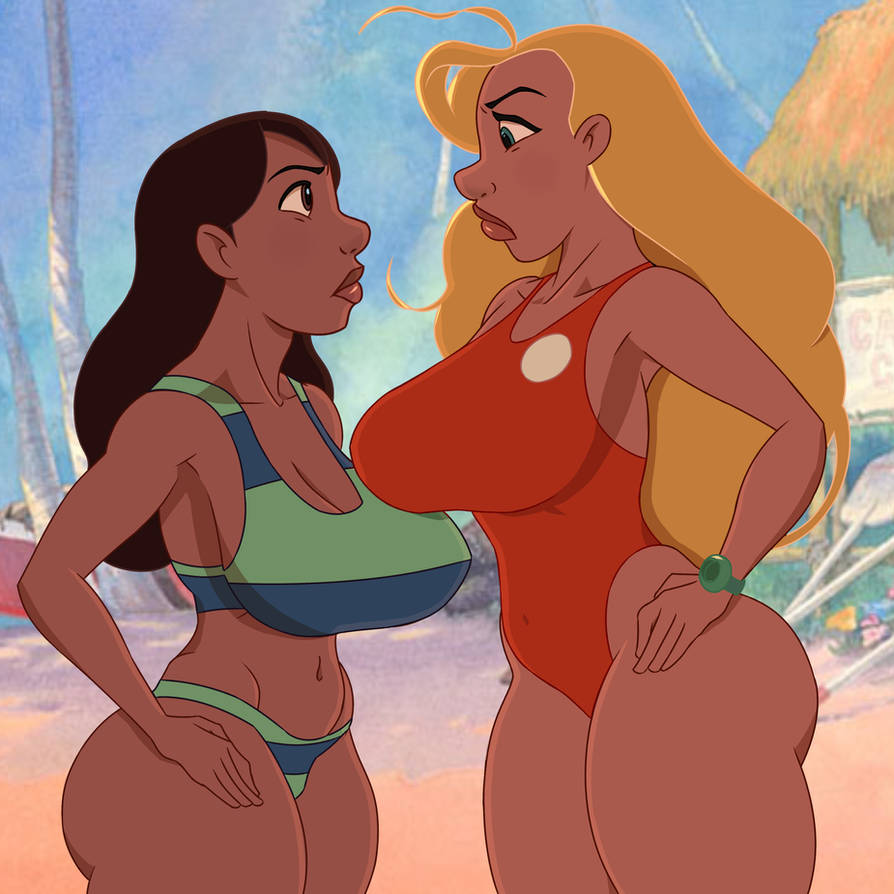 2girls alternate_version_available beach black_hair blonde_hair busty chrisbryer commission dark-skinned_female dark_skin disney hips hourglass_figure human kingvego legs lifeguard_(lilo_and_stitch) lilo_and_stitch long_hair nani_pelekai straight_hair swimsuit swimwear thebrise thick thick_legs thick_thighs wide_hips wristwatch wristwear