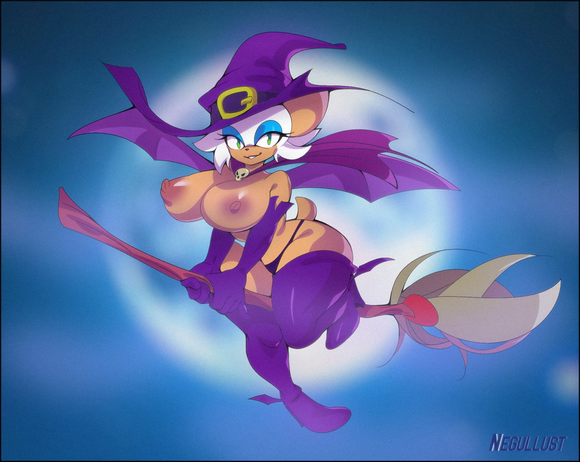 anthro, bat, chiropteran, clothed, clothing, female, hat, headgear, headwear, hi res, mammal, negullust, panties, rouge the bat, sega, solo, sonic (series), sonic the hedgehog (series), tail, teenage girl, topless, underwear, wide hips, witch hat