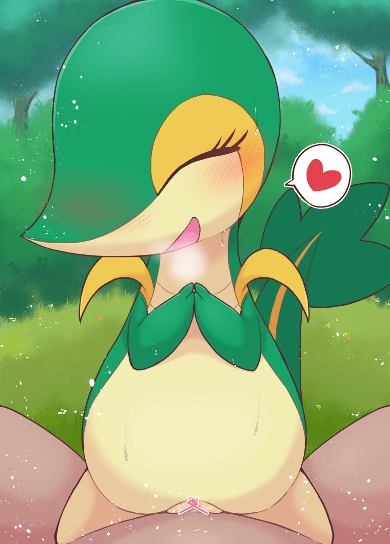 anthro biped blush bodily_fluids censored closed_eyes detailed_background duo eyelashes female generation_5_pokemon genitals green_body heart humanoid kajiura looking_pleasured male male/female nintendo open_mouth pokemon pokemon_(species) pussy sex smile snivy sweat vaginal_penetration video_games yellow_body