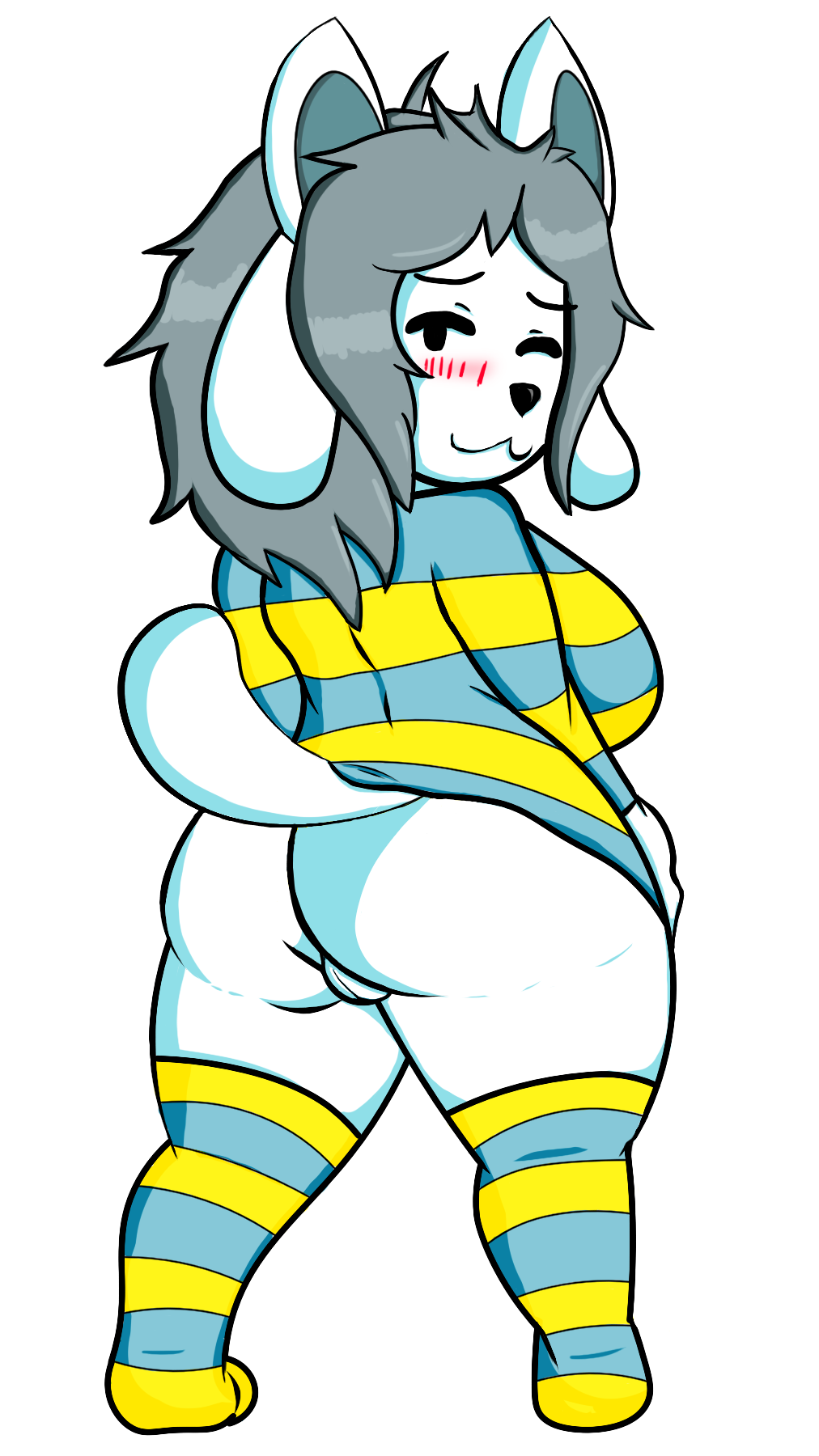 1girls anthro ass backpussy biped blush breasts canine clothing feline female female_only fur genitals hdddestroyer highres legwear mammal pussy shortstack simple_background solo standing tem temmie temmie_(undertale) thighhighs undertale undertale_(series) white_background white_body white_fur