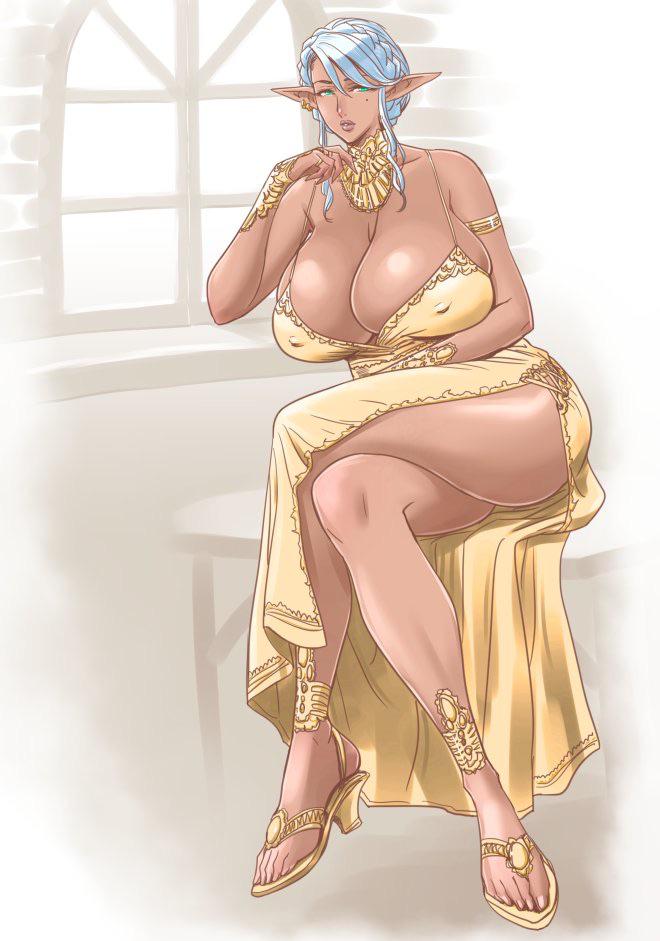 1girls, bangs, bare arms, bare legs, bare shoulders, barely contained, big breasts, braided hair, breasts, bursting breasts, chair, cleavage, collarbone, crossed legs, curves, curvy, curvy body, curvy female, curvy figure, curvy hips, dark elf, dark skin, dark-skinned female, elf, elf ears, elf female, erect nipples, erect nipples under clothes, female, female focus, female only, gold dress, gold jewelry, green eyes, high resolution, highres, hips, huge breasts, large breasts, milf, nipples, original, partially clothed, pointy ears, revealing clothes, silver hair, sitting, sitting on chair, skimpy, skimpy clothes, skimpy dress, tatsunami youtoku, white hair, wide hips, window