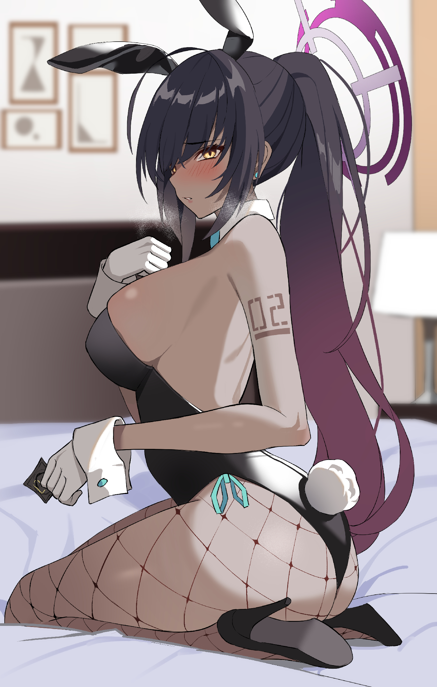 1girls, 2021, ahoge, animal ears, arm tattoo, ass, bangs, bare shoulders, bed sheet, black footwear, black hair, black leotard, blue archive, blue neckwear, blush, breasts, chinese commentary, collar, commentary request, condom, condom wrapper, dark skin, dark-skinned female, detached collar, earrings, fake tail, female, female focus, female only, fishnet legwear, fishnets, gloves, gradient hair, halo, high heels, highres, holding, holding condom, indoors, jewelry, karin (blue archive), karin (bunny) (blue archive), lamp, large breasts, leotard, long hair, millennium science school student, multicolored hair, number tattoo, on bed, playboy bunny, ponytail, purple hair, rabbit ears, rabbit girl, seiza, sideboob, sidelocks, sitting, solo, solo female, solo focus, strapless, strapless leotard, stud earrings, tail, tattoo, very long hair, white collar, white gloves, white wrist cuffs, wrist cuffs, yellow eyes, za yu a