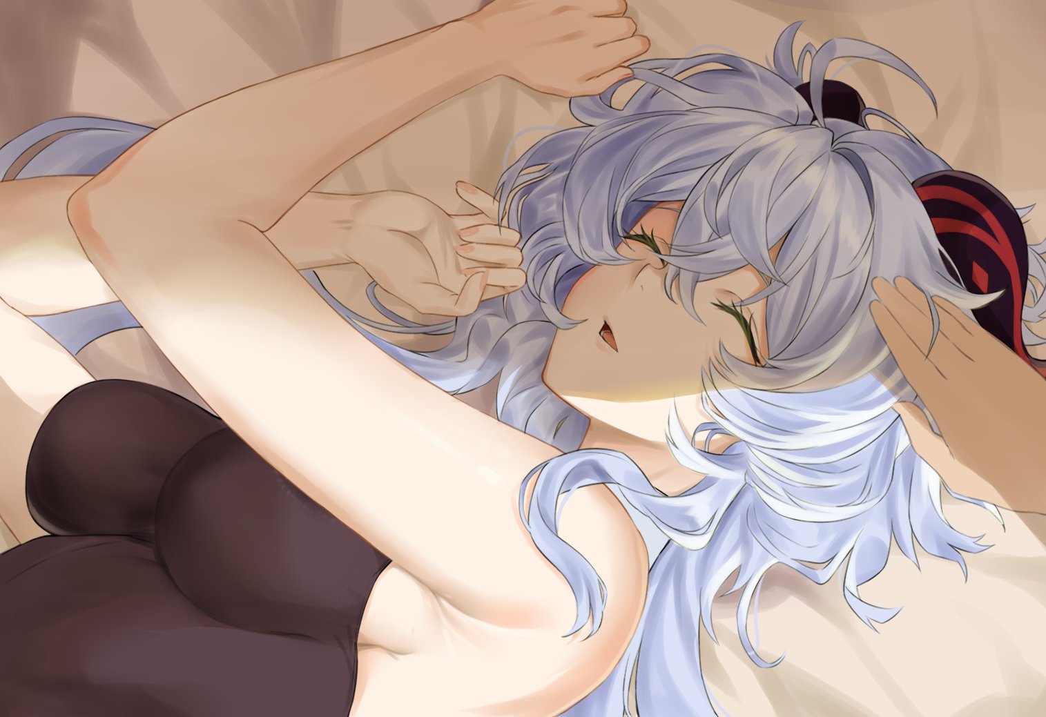 1boy, 1girls, 2021, altruwishm, armpits, bare arms, bare shoulders, bed, bed sheet, black bodysuit, blue hair, bodysuit, breasts, closed eyes, clothing, female, female focus, ganyu (genshin impact), genshin impact, goat horns, highres, horns, indoors, long hair, lying, male, medium breasts, messy hair, on back, open mouth, sideboob, skin tight, sleeping, sleeveless, teeth, tight clothing, tongue, wholesome