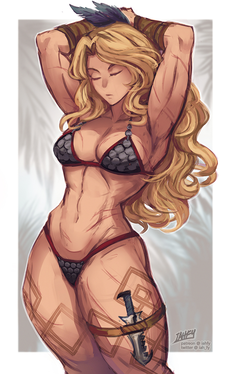 1girls, abs, almost naked, amazon (dragon's crown), armpits, arms above head, arms up, athletic, athletic female, barely clothed, dragon's crown, female, female only, iahfy, muscles, muscular, muscular female, shaved armpit, solo